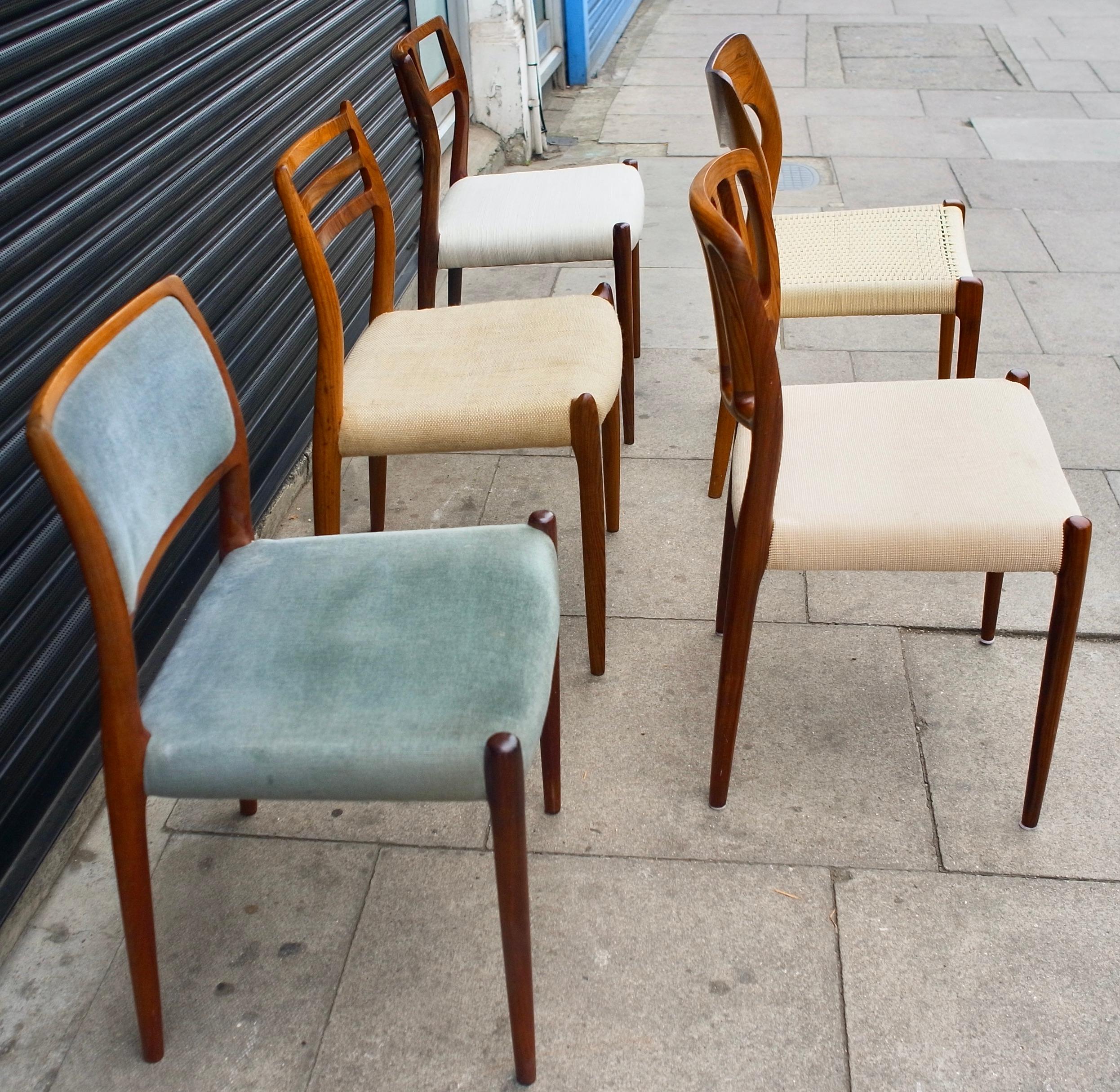 Hardwood Selection of Five Vintage Rosewood Danish Dining Chairs by Niels.O. Moller For Sale