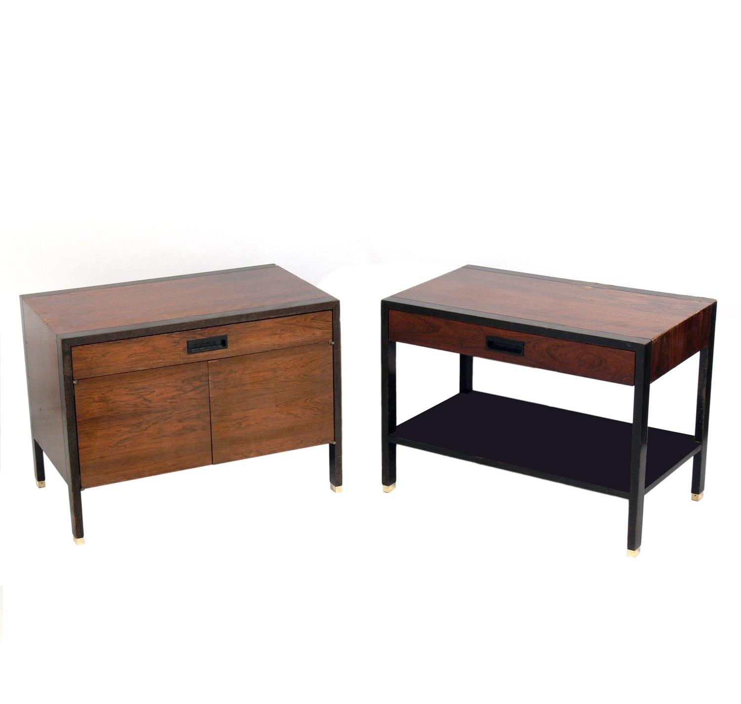 Selection of clean lined rosewood and mahogany nightstands, designed by Harvey Probber, American, circa 1960s. They are a versatile size and can be used in a bedroom as night stands, or in a living area as side or end tables. They are being