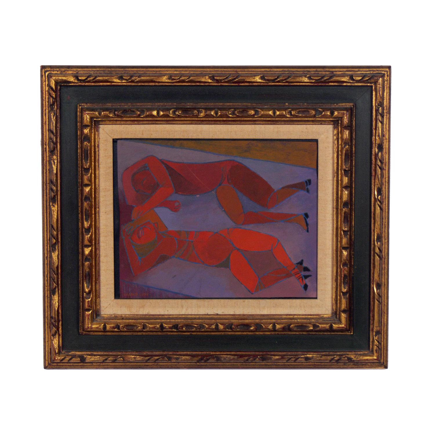 Sélection d'art moderniste, vers les années 1950. De gauche à droite, ce sont :
1) VENDU Peinture de nus modernistes par Lillian Lent, américaine, vers les années 1950. Elle est exécutée sur carton dans son cadre d'origine. Il mesure 14,5