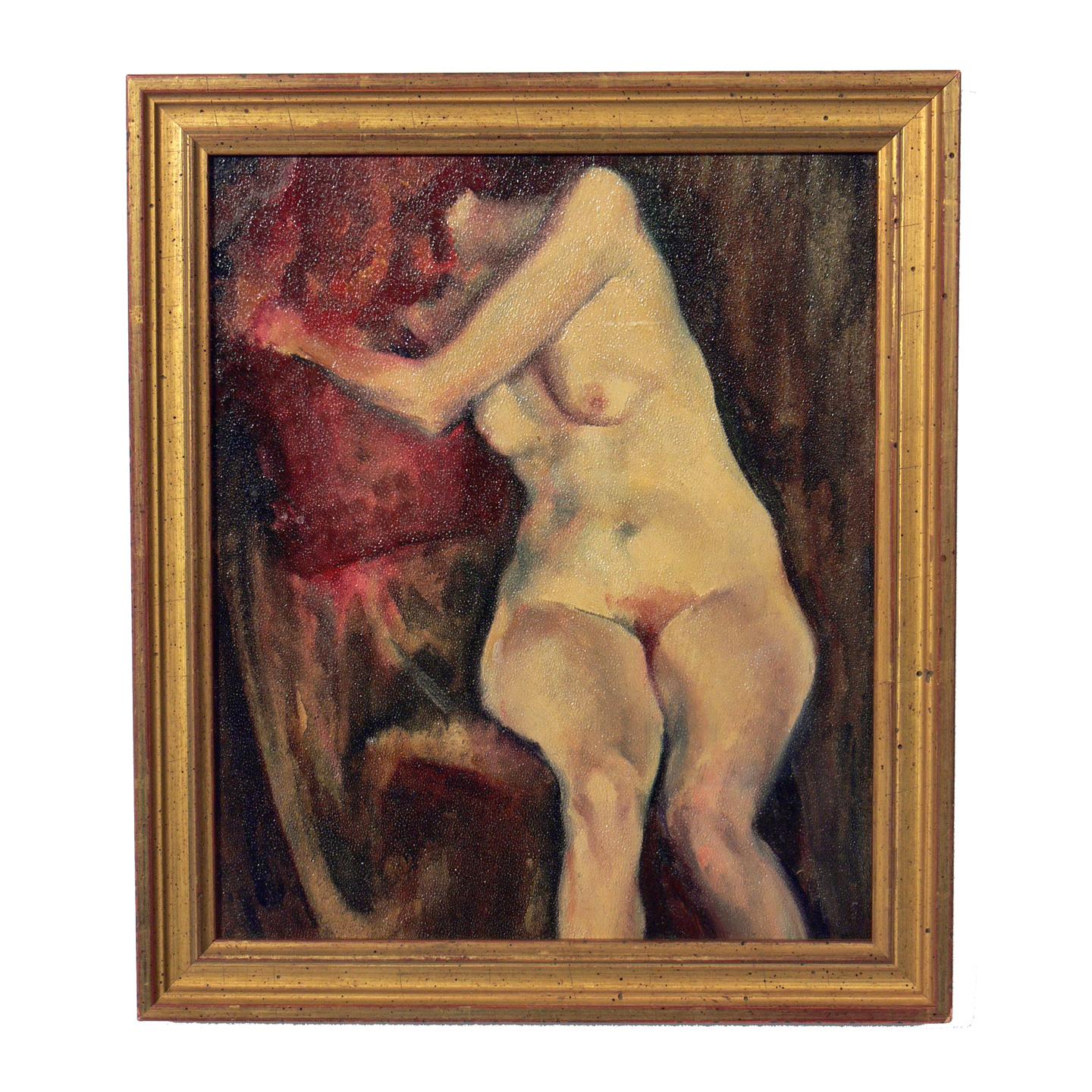 Selection of Modernist or gallery wall, circa 1950s. They have all been framed in vintage gilt frames. They are priced at $650 each. From left to right as seen in the first photo, they are:
1) Original female nude painting, oil on board, artist