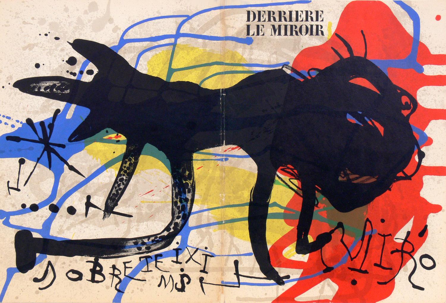 Sélection de lithographies modernistes pour galerie murale, françaises, vers les années 1960. De haut en bas, de gauche à droite, ce sont :
1) Lithographie en couleurs de Joan Miro, tirée de Derriere Le Miroir, vers les années 1960. Vu en haut à