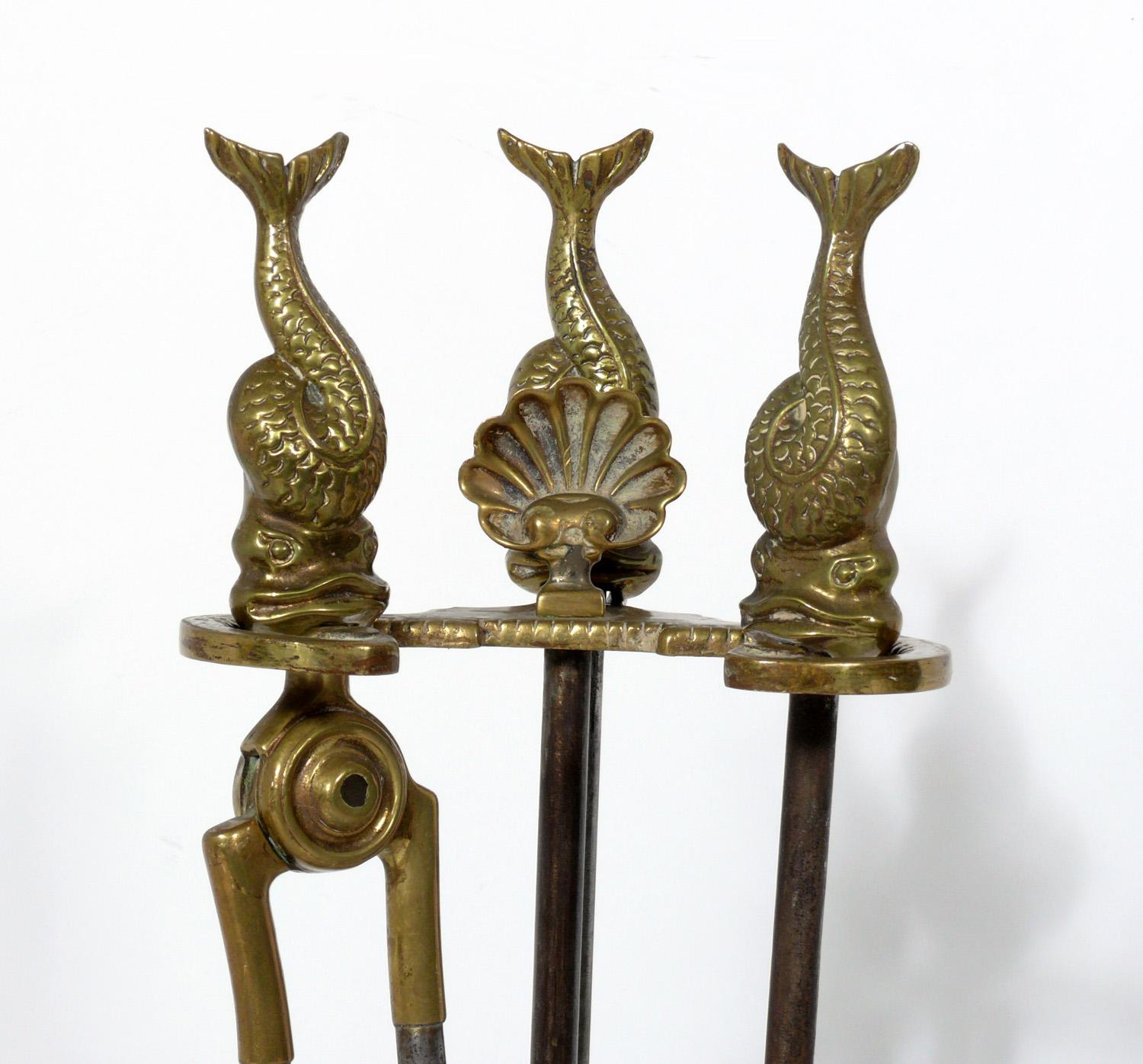 French Selection of Neoclassical Brass Fire Tools and Andirons For Sale