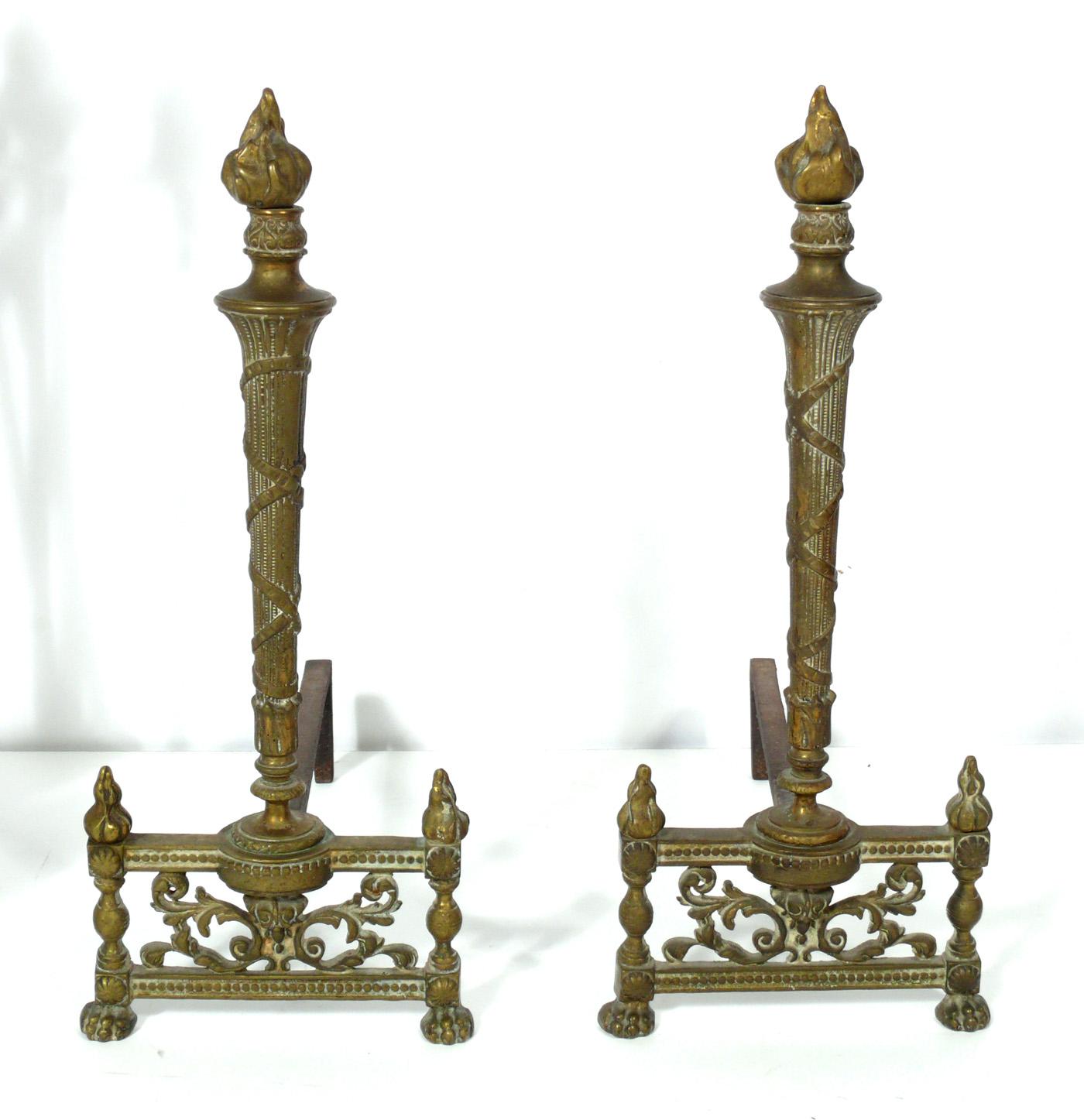 20th Century Selection of Neoclassical Brass Fire Tools and Andirons For Sale