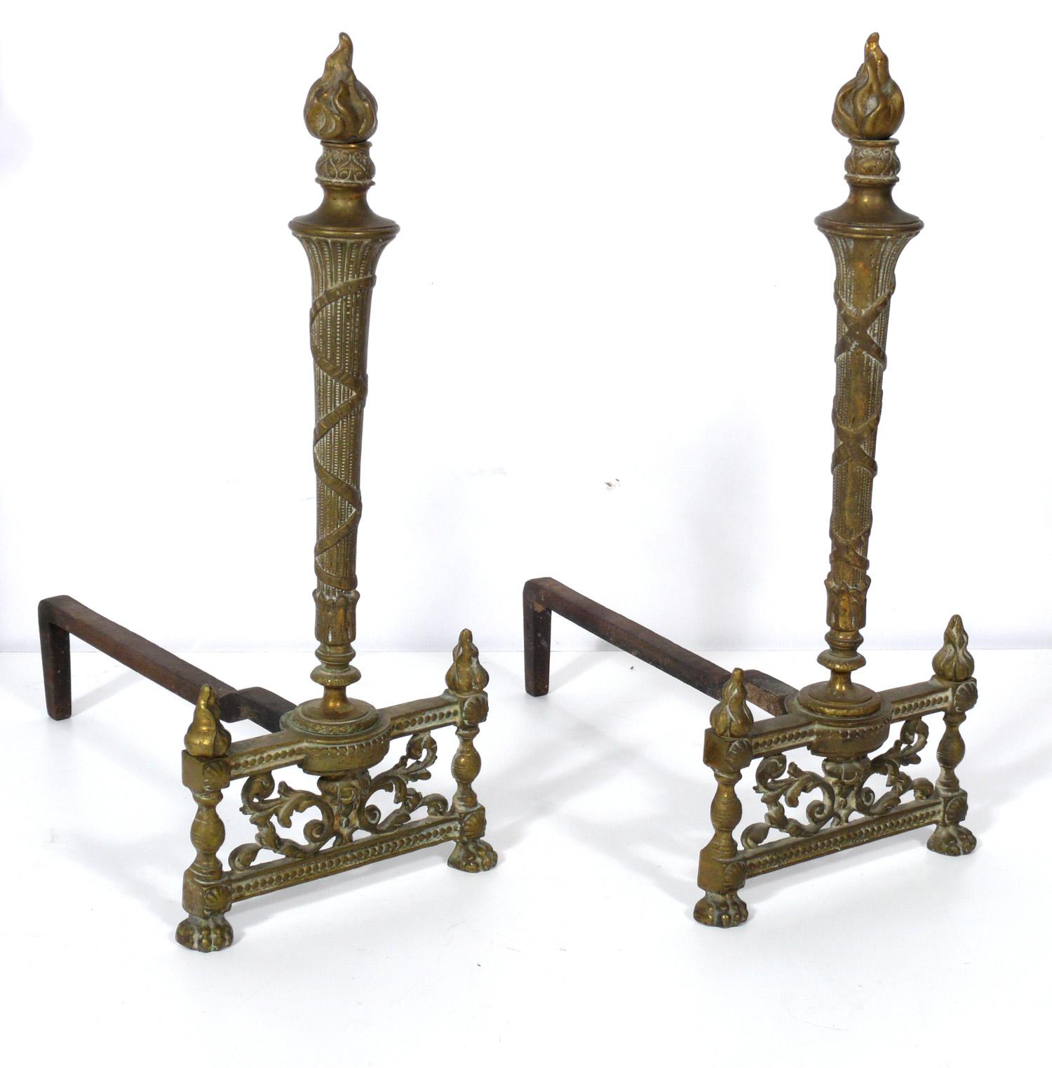 Metal Selection of Neoclassical Brass Fire Tools and Andirons For Sale