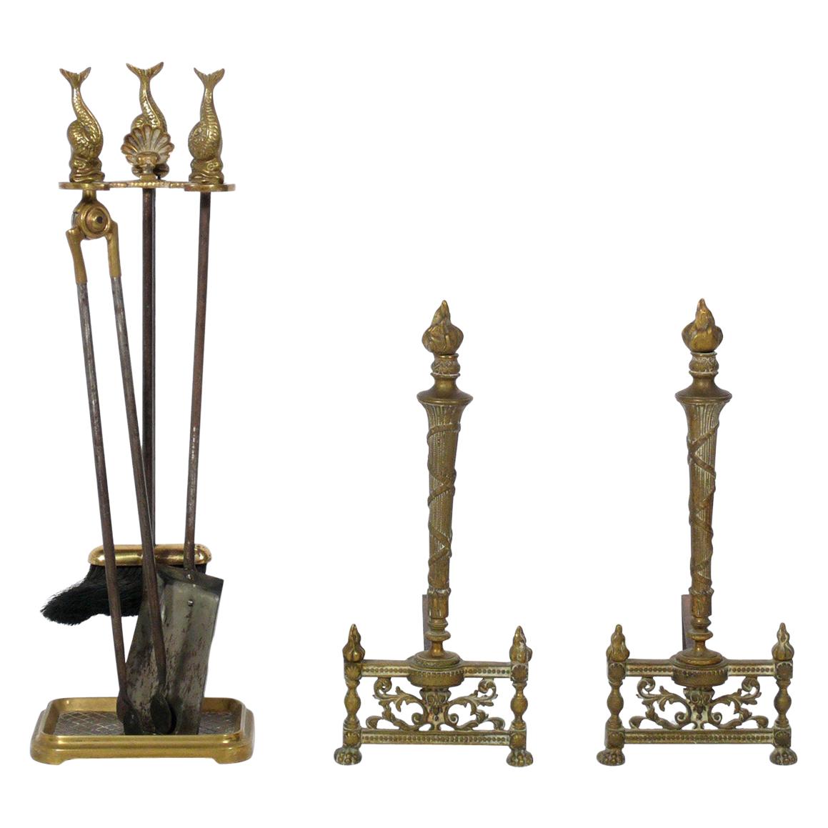 Selection of Neoclassical Brass Fire Tools and Andirons