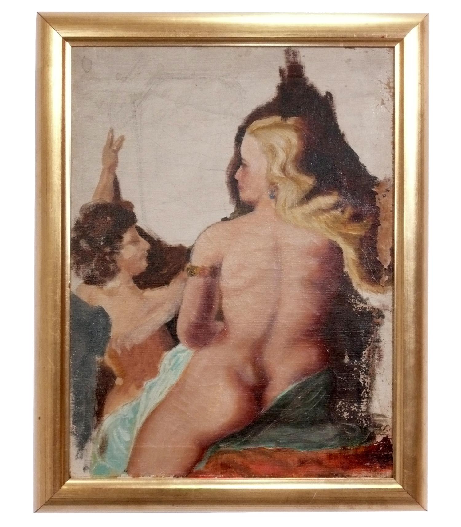 Selection of Original Female Nude Paintings, probably American, circa 1950s. They are priced at $750 each. Neither work is signed. They have both been professionally framed in vintage gilt frames. The larger painting on the left measures 23