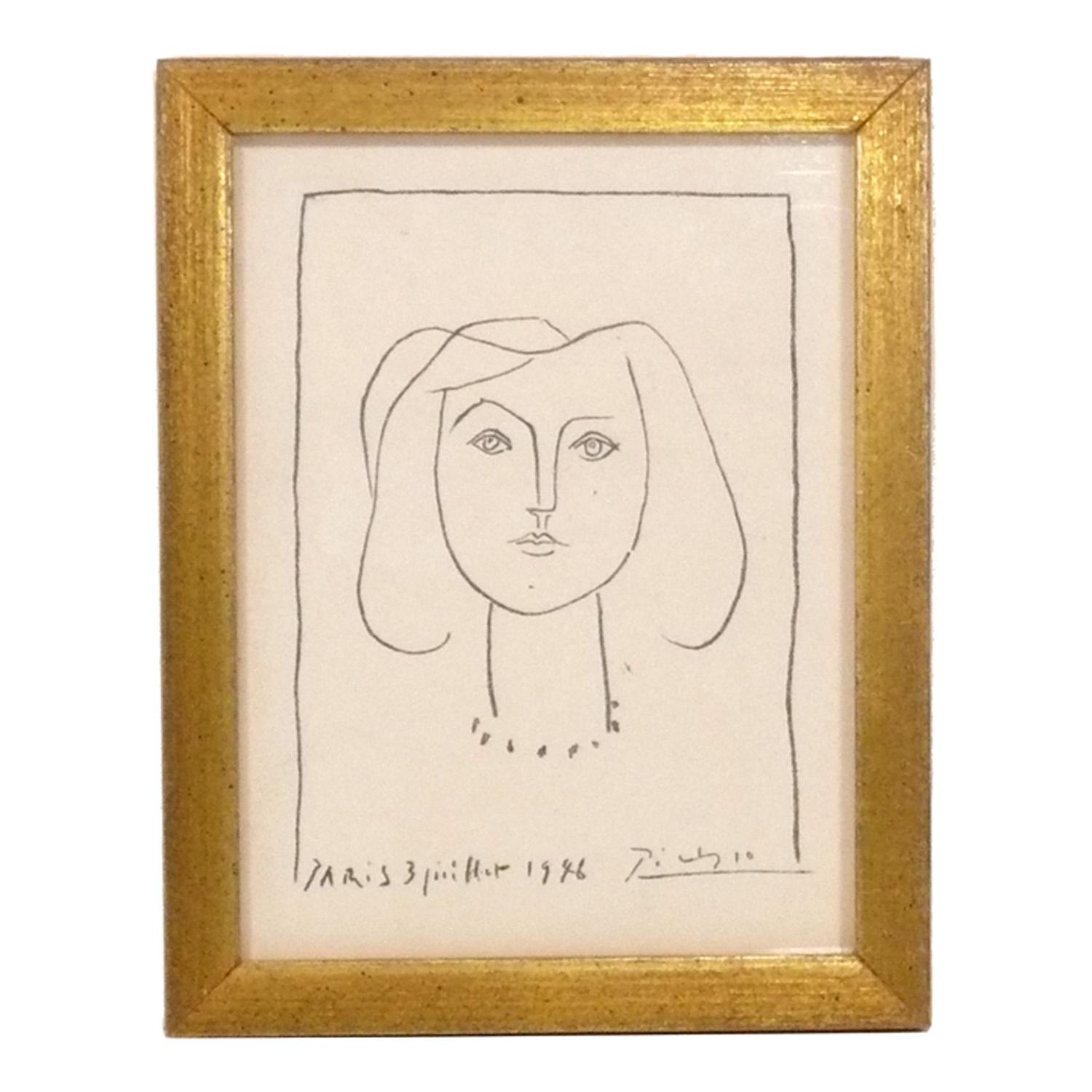 Sélection de petites estampes de Pablo Picasso, France, vers les années 1960. Elles ont été récemment encadrées professionnellement dans des cadres en bois doré d'époque sous verre résistant aux UV. Dans le sens des aiguilles d'une montre et à