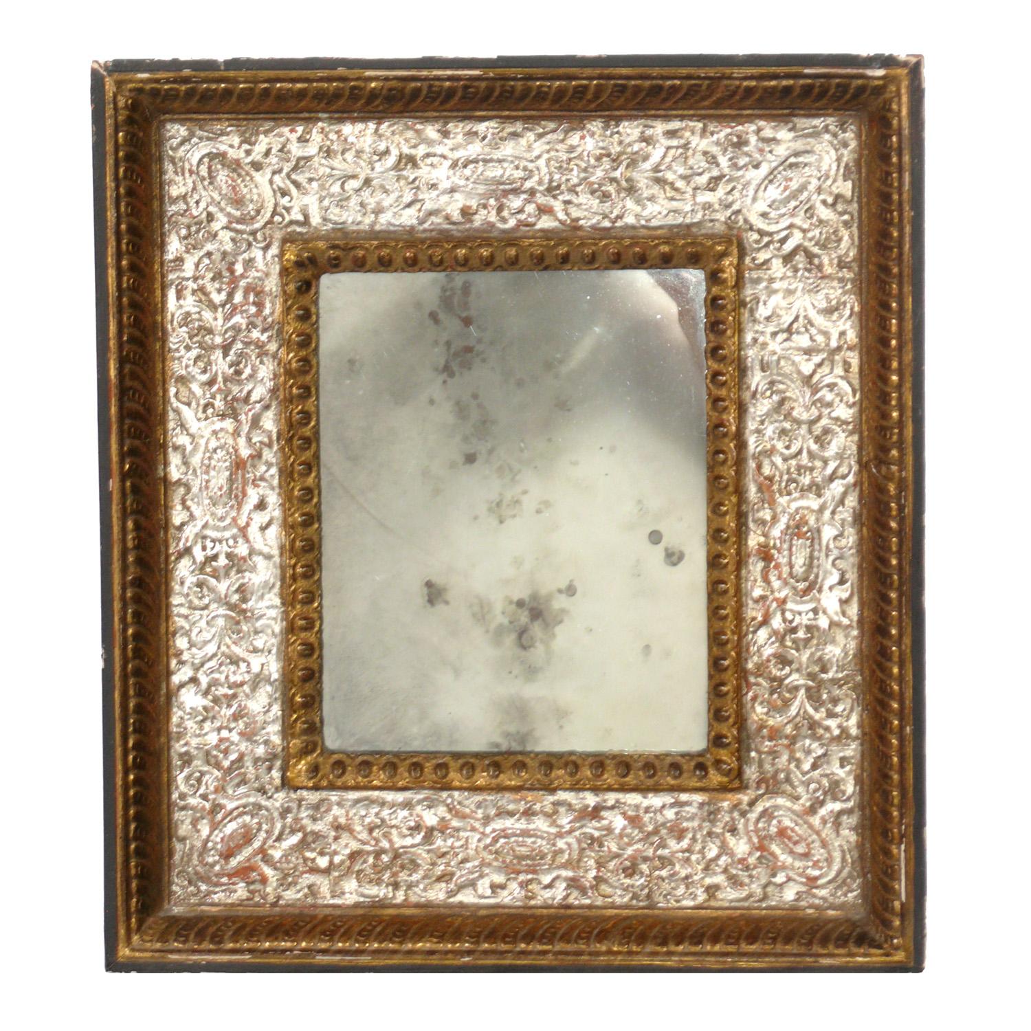 Selection of Petite mirrors, American or Italian, circa 1950s. From left to right, as seen in the first photo, they are: 
1) Gilt ornate antiqued mirror. It measures 18.5