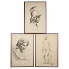 Selection of Three Academic Drawings, Charcoal Pencil on Paper, Framed