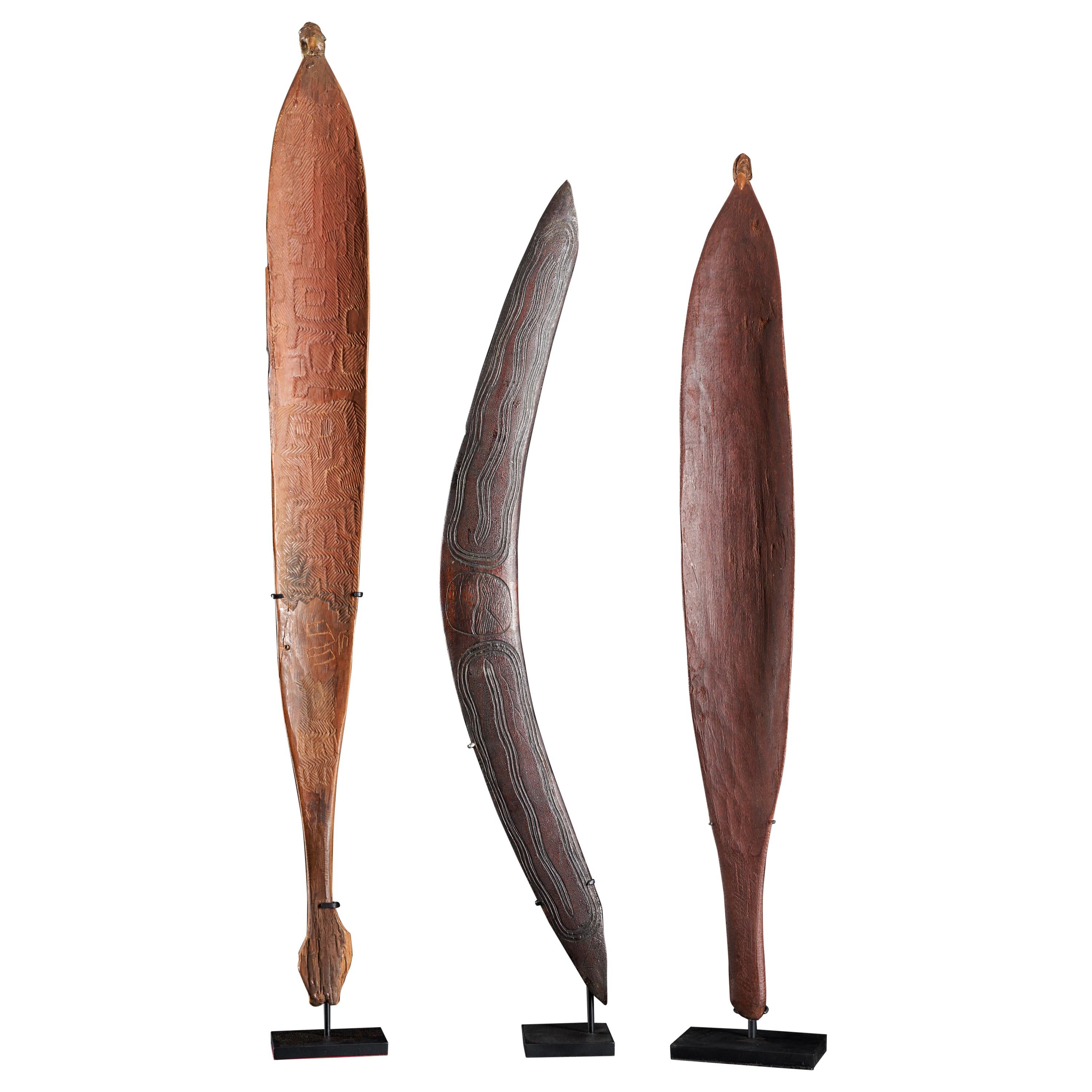 Selection of Three Aboriginal Traditional Weapons, Boomerang and Two Woomeras
