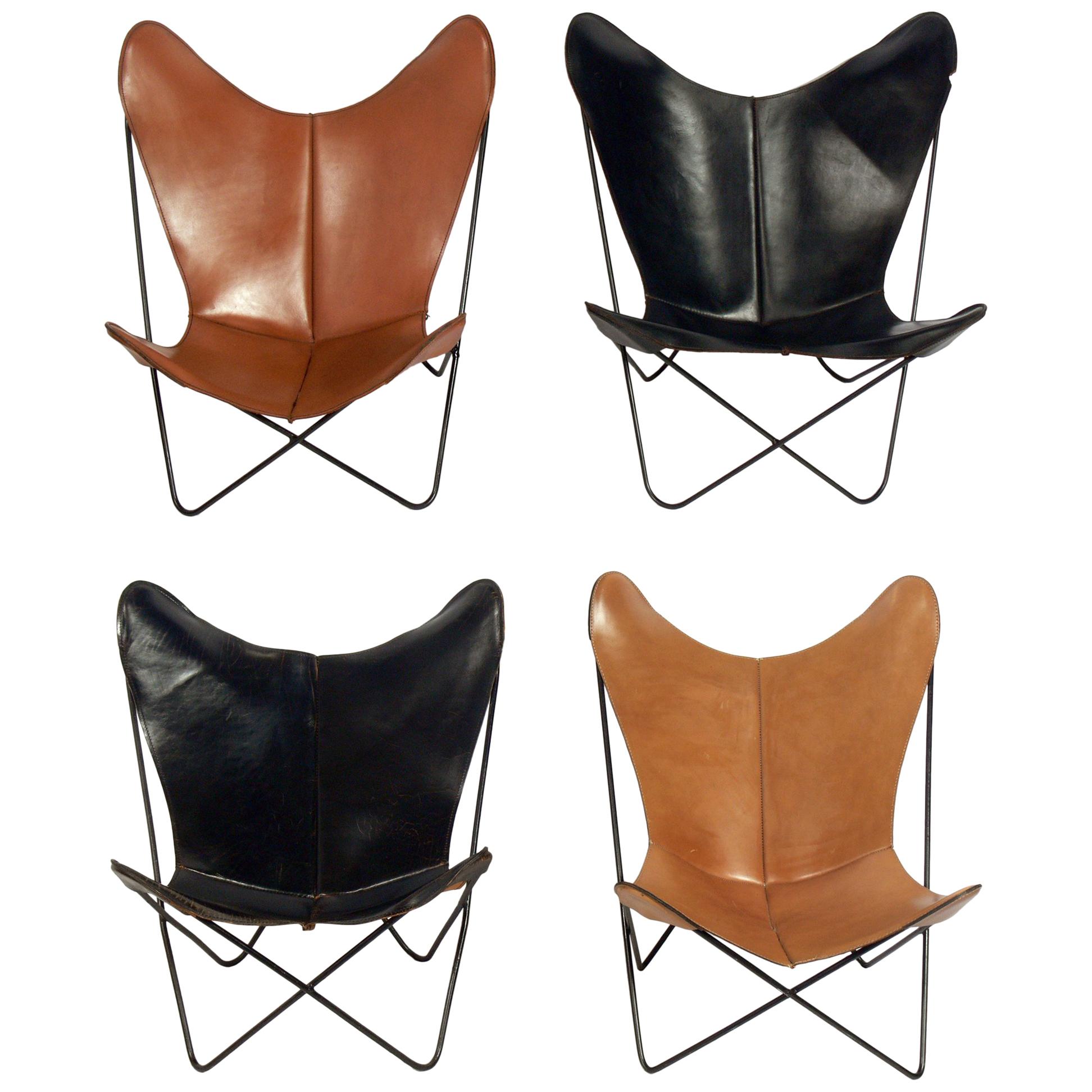 Selection of vintage leather butterfly chairs, circa 1950s. These appear to be the examples designed by Jorge Ferrari-Hardoy for Knoll, unsigned. Top left measures 35