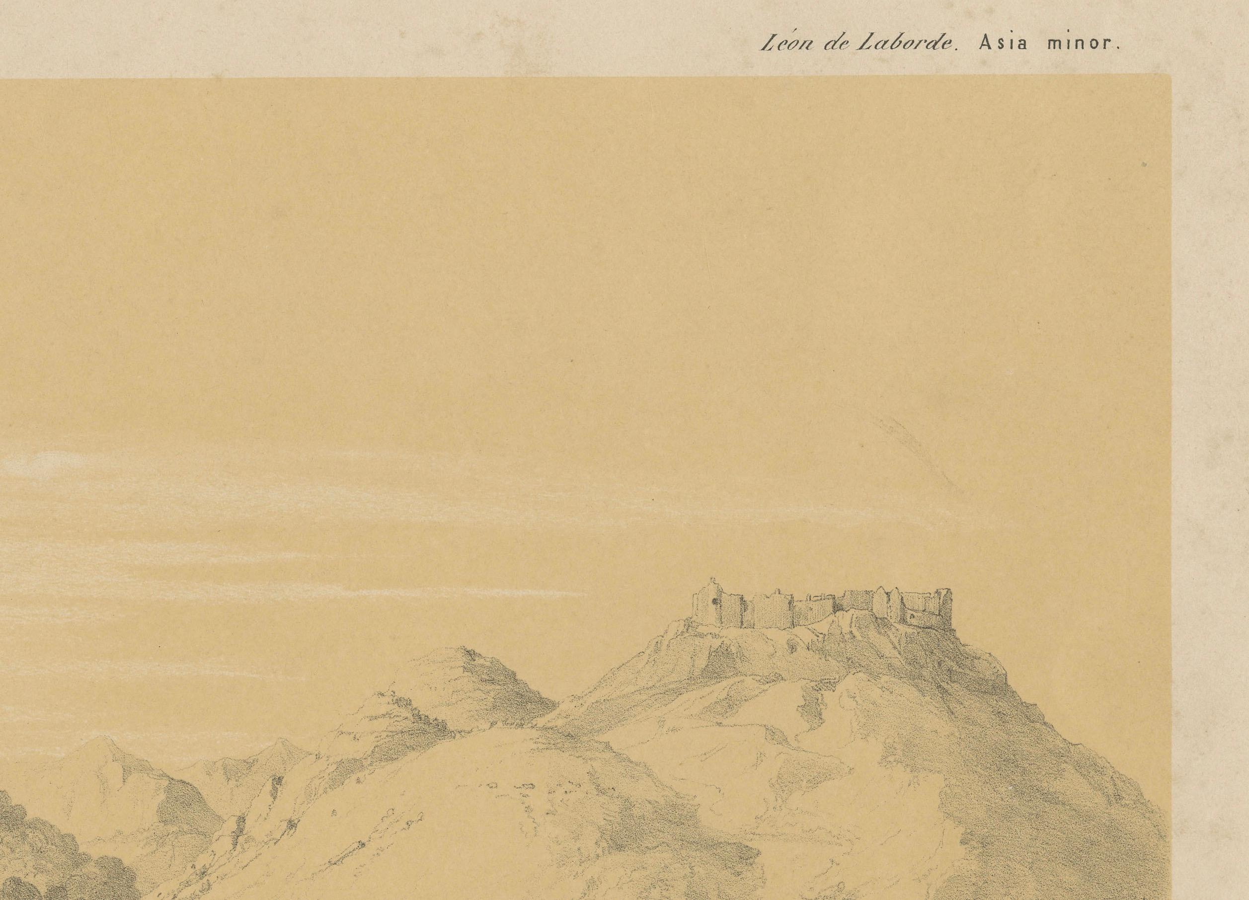 Selefke - Vues de la basilique et de la citadelle de Cilicie, Asie Mineure par Louis de Laborde, vers 1840

Cette lithographie à double panneau présente deux vues captivantes de Selefke (aujourd'hui Silifke, dans le sud de la Turquie) datant du XIXe