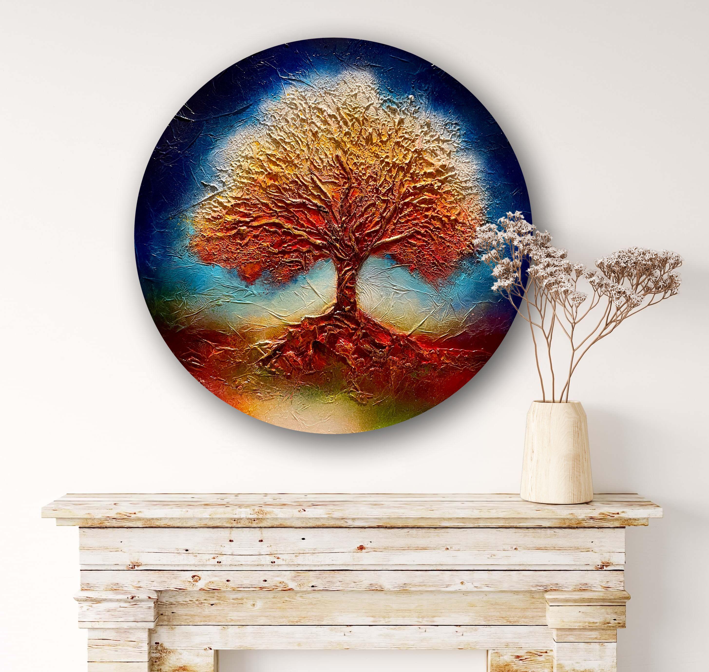 In this stirring creation, I've interwoven acrylics and earth elements with expressive sprays to capture a tree's majestic essence. It's a convergence of symbolism and semi-abstract expressionism, mirroring life's robust vitality and the intricate