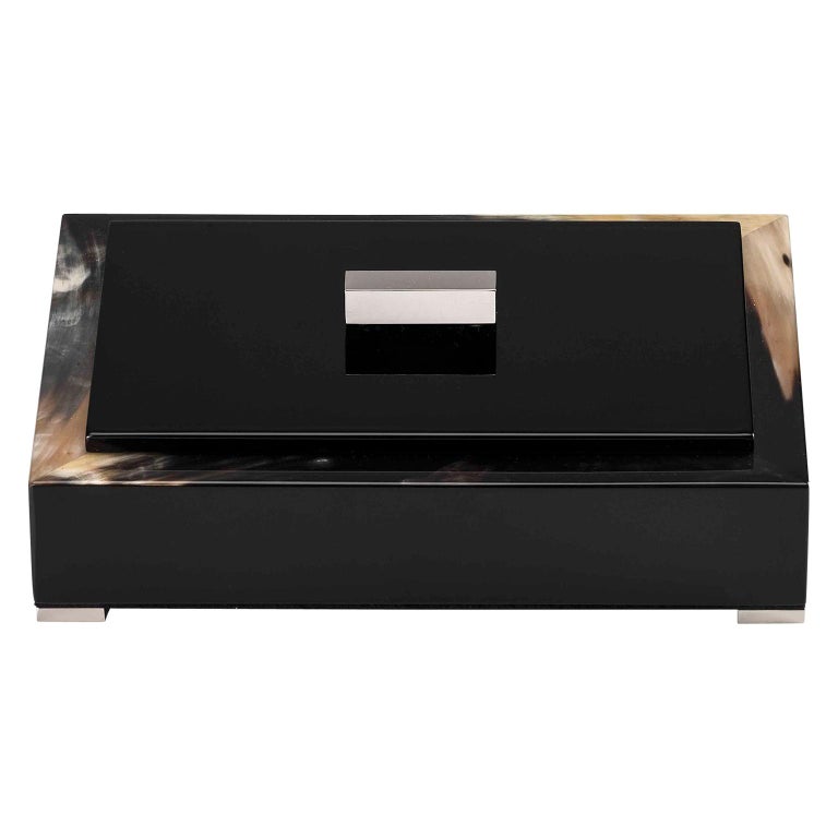Selene Box in Glossy Black Lacquered Wood with Corno Italiano Inlays, Mod. 5310s For Sale
