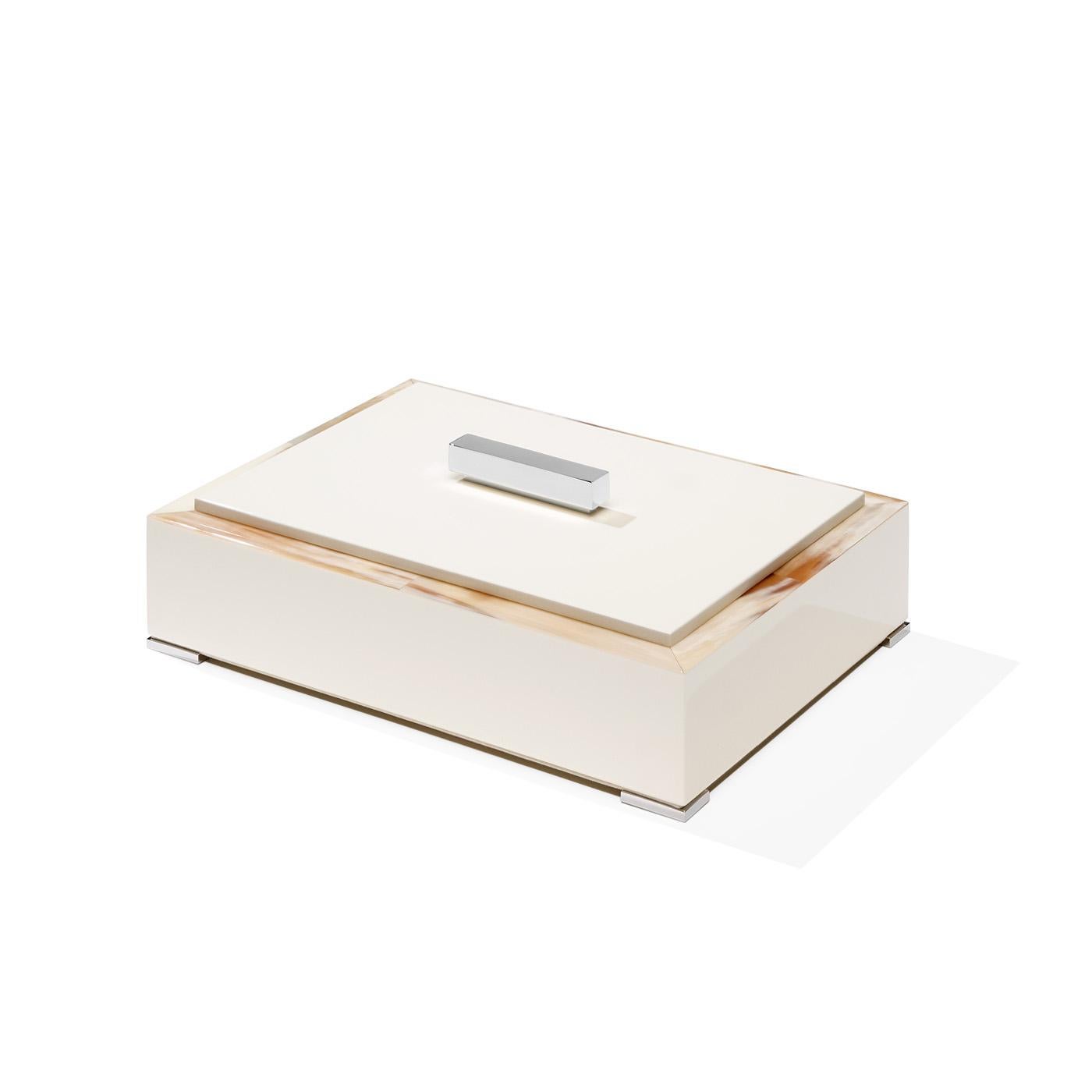 Leather Selene Box in Glossy Ivory Lacquered Wood with Corno Italiano Inlays, Mod. 5311c For Sale