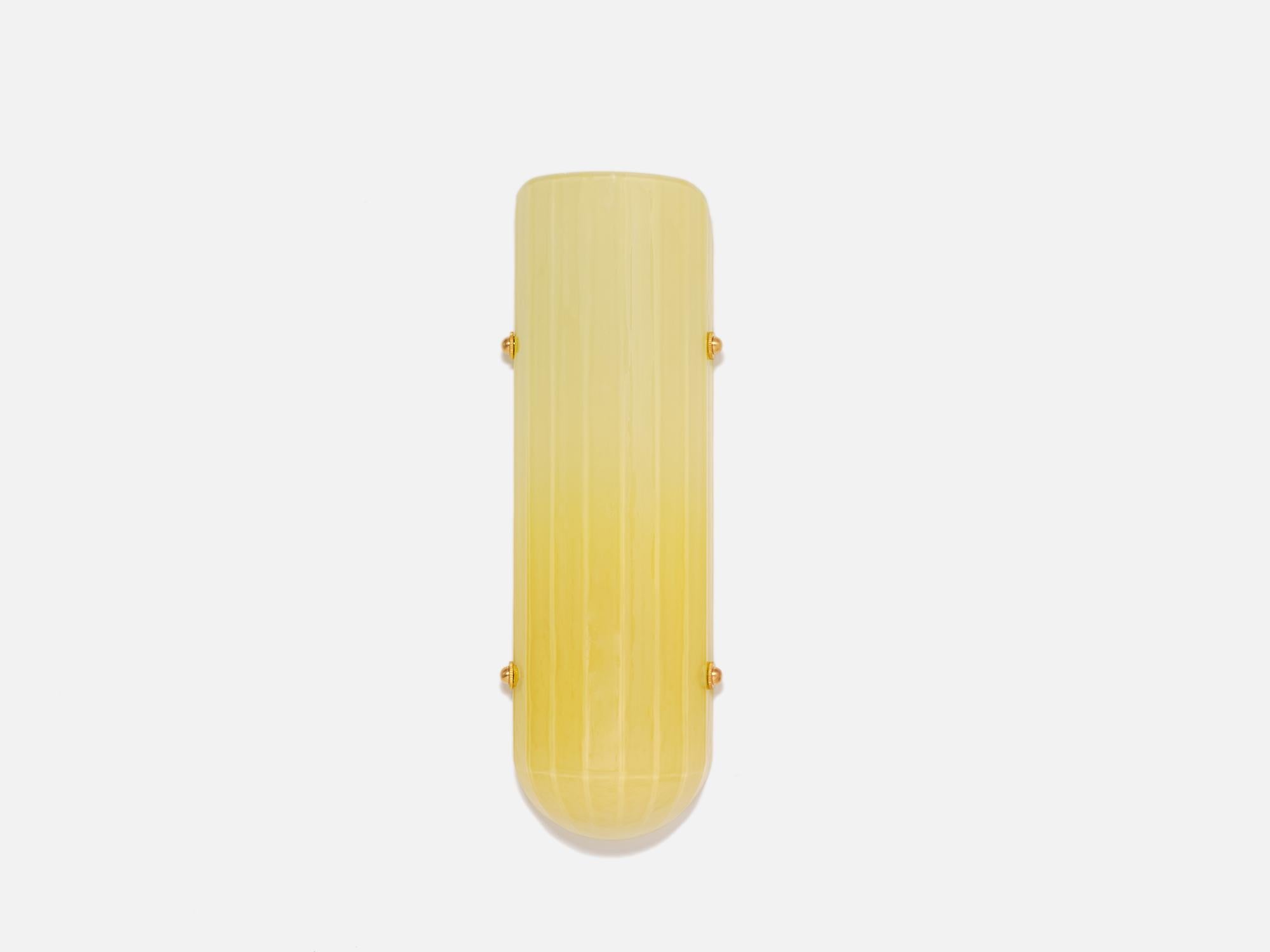 Contemporary Selene Streamline Moderne Inspired Blown Selenite Glass and Brass Wall Sconce For Sale