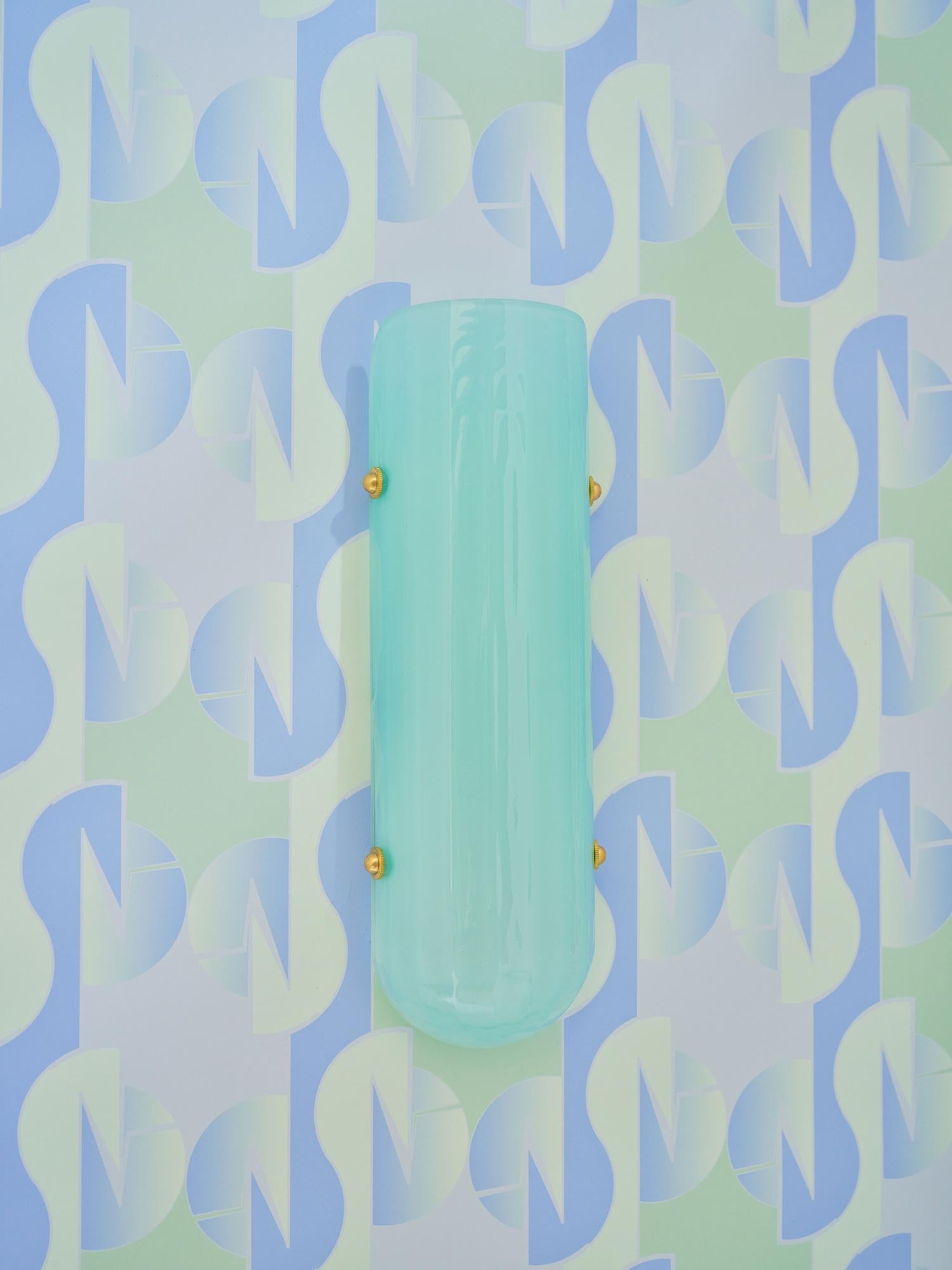 Selene Streamline Moderne Inspired Blown Selenite Glass and Brass Wall Sconce For Sale 2