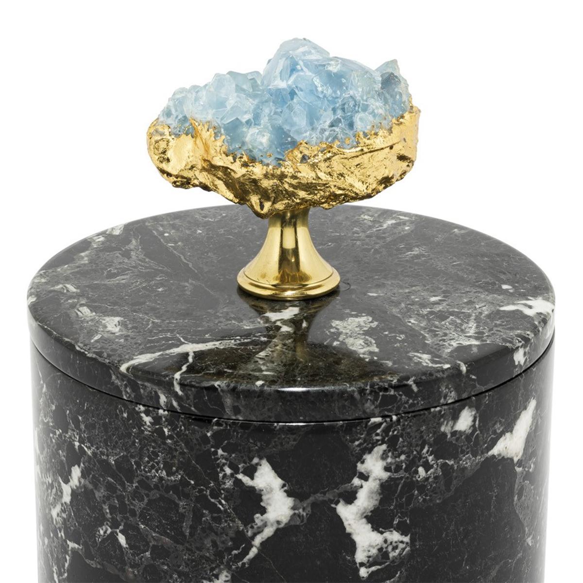 Box selenite and marble medium in black marble
with lid. With natural selenite on lid's top.