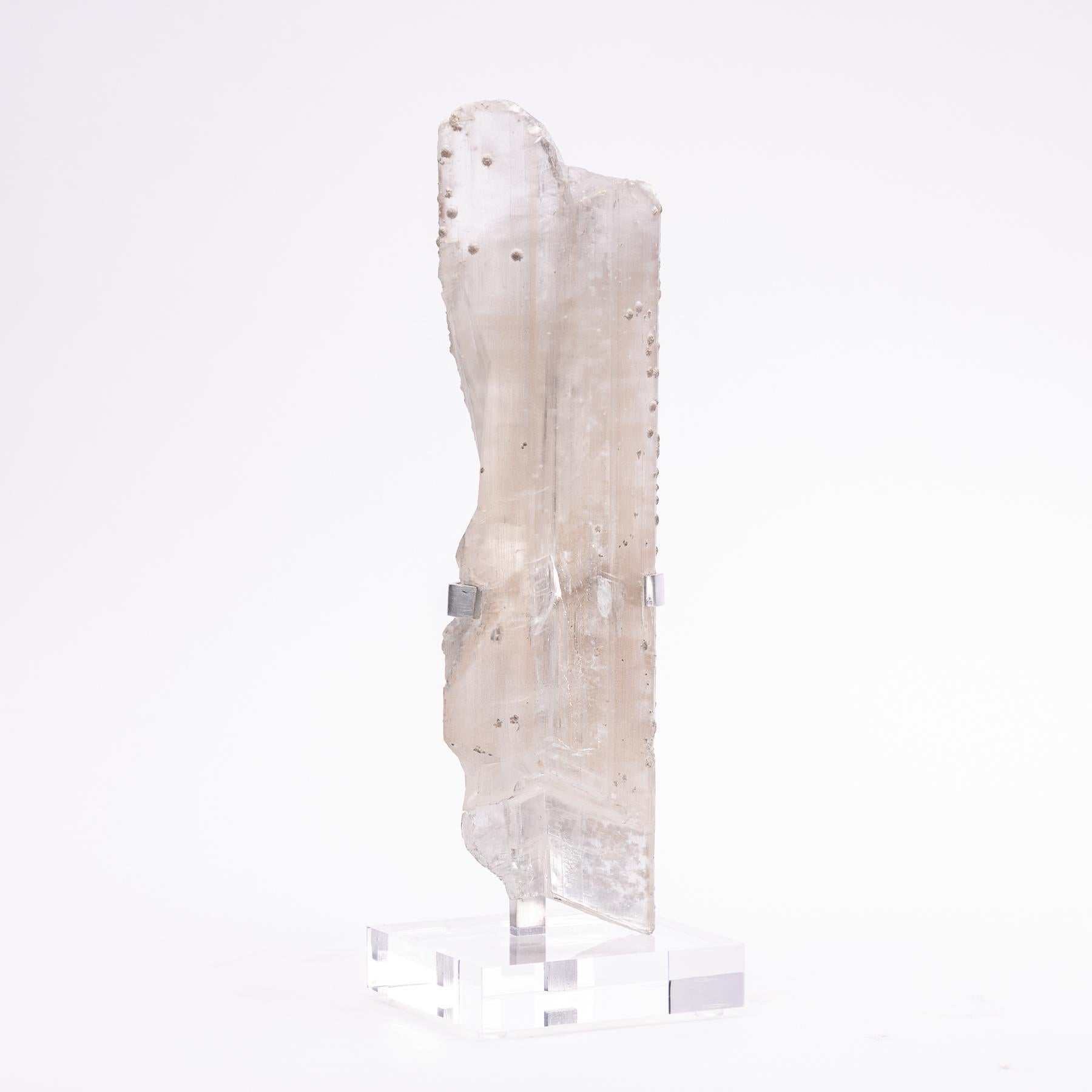Organic Modern Selenite Crystal Mounted on Custom Acrylic and Metal Stand from Naica Mine