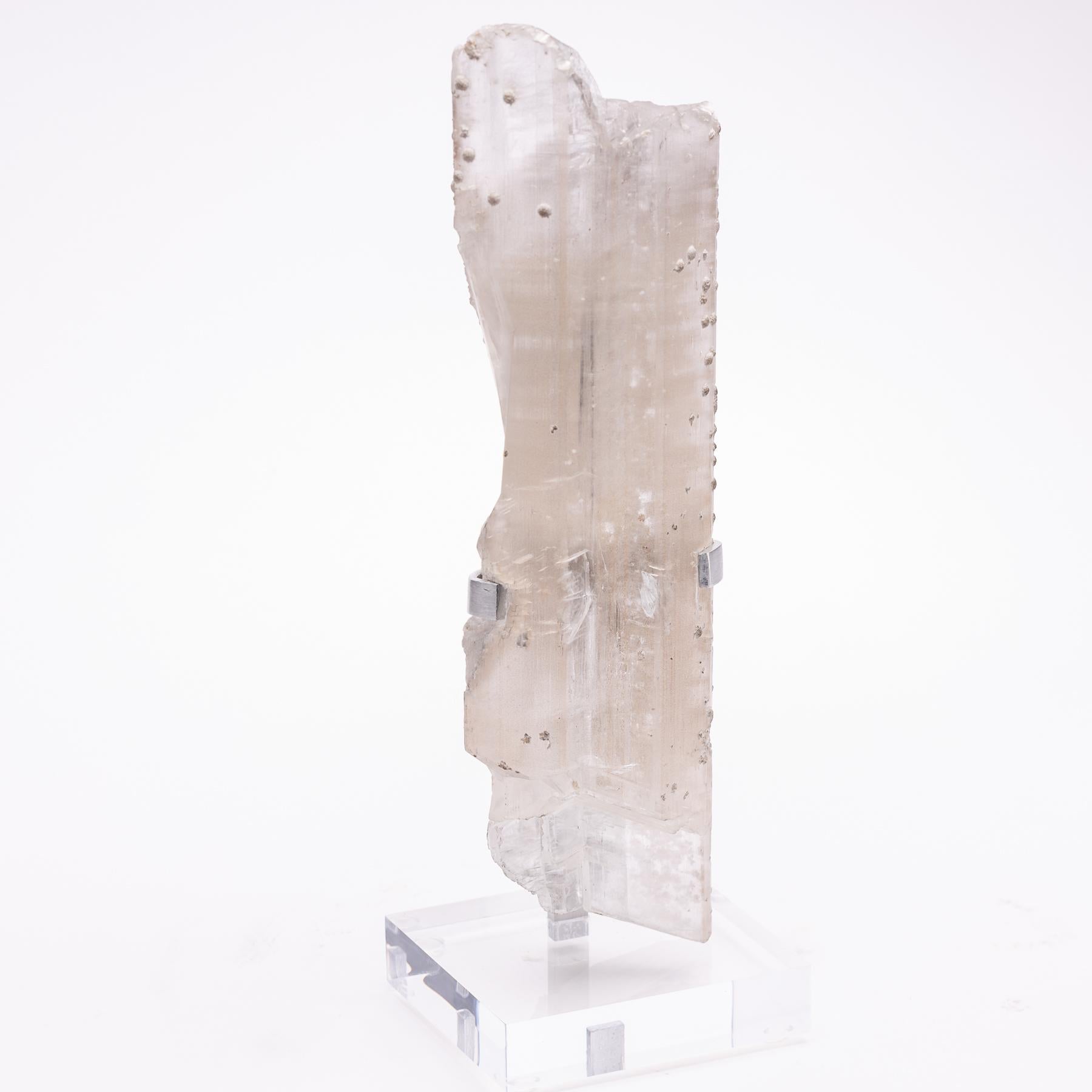 Mexican Selenite Crystal Mounted on Custom Acrylic and Metal Stand from Naica Mine