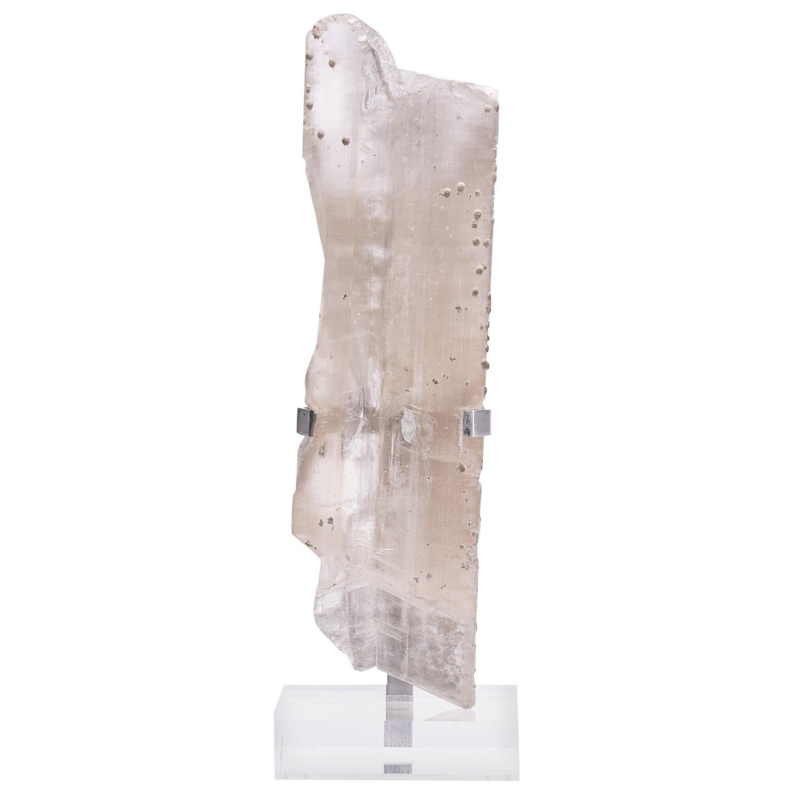 Selenite Crystal Mounted on Custom Acrylic and Metal Stand from Naica Mine