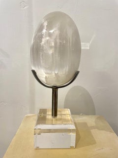 Selenite Crystal Quartz Egg Mounted on Steel & Lucite