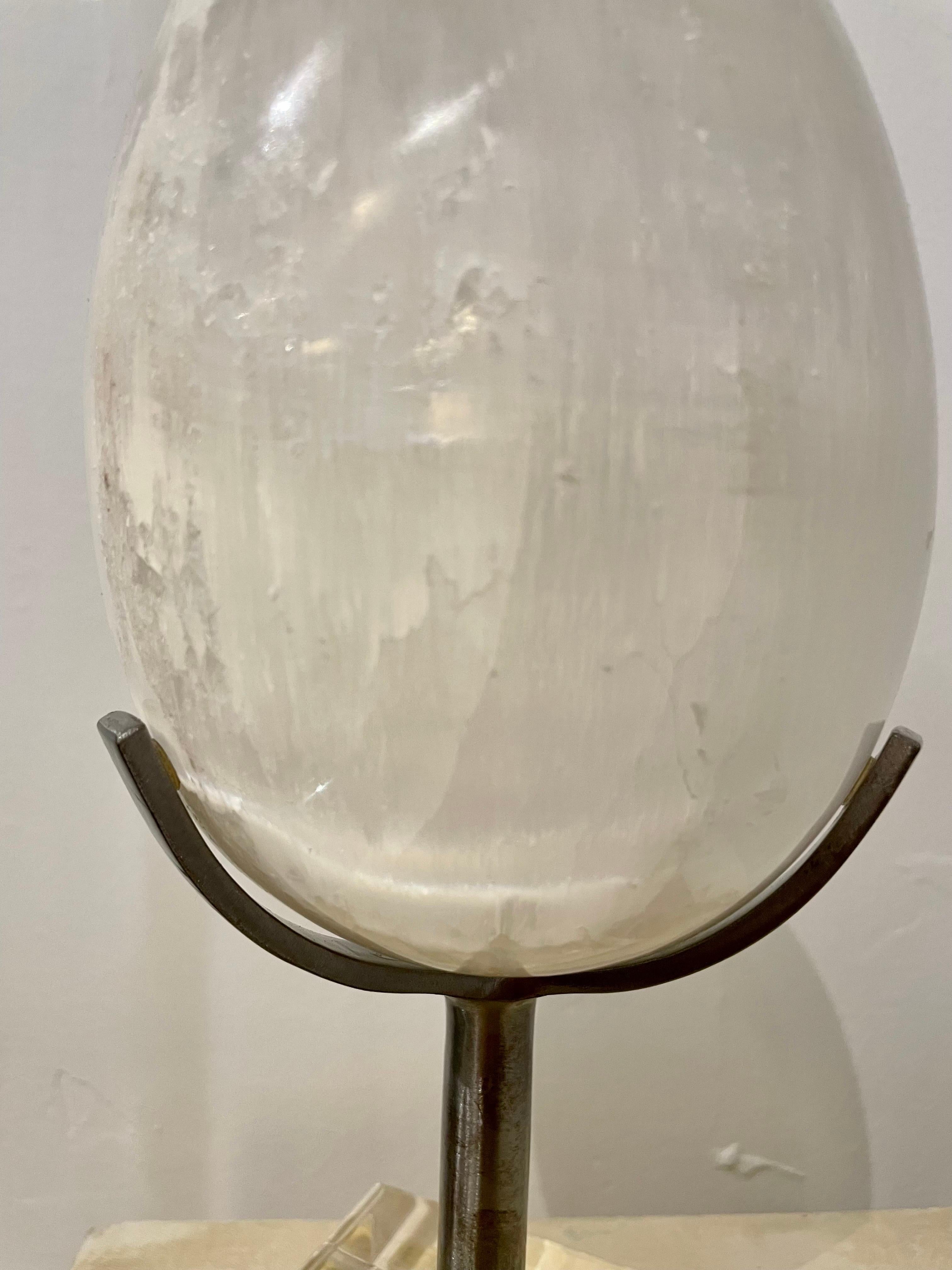 Organic Modern Selenite Crystal Quartz Egg Mounted on Steel & Lucite