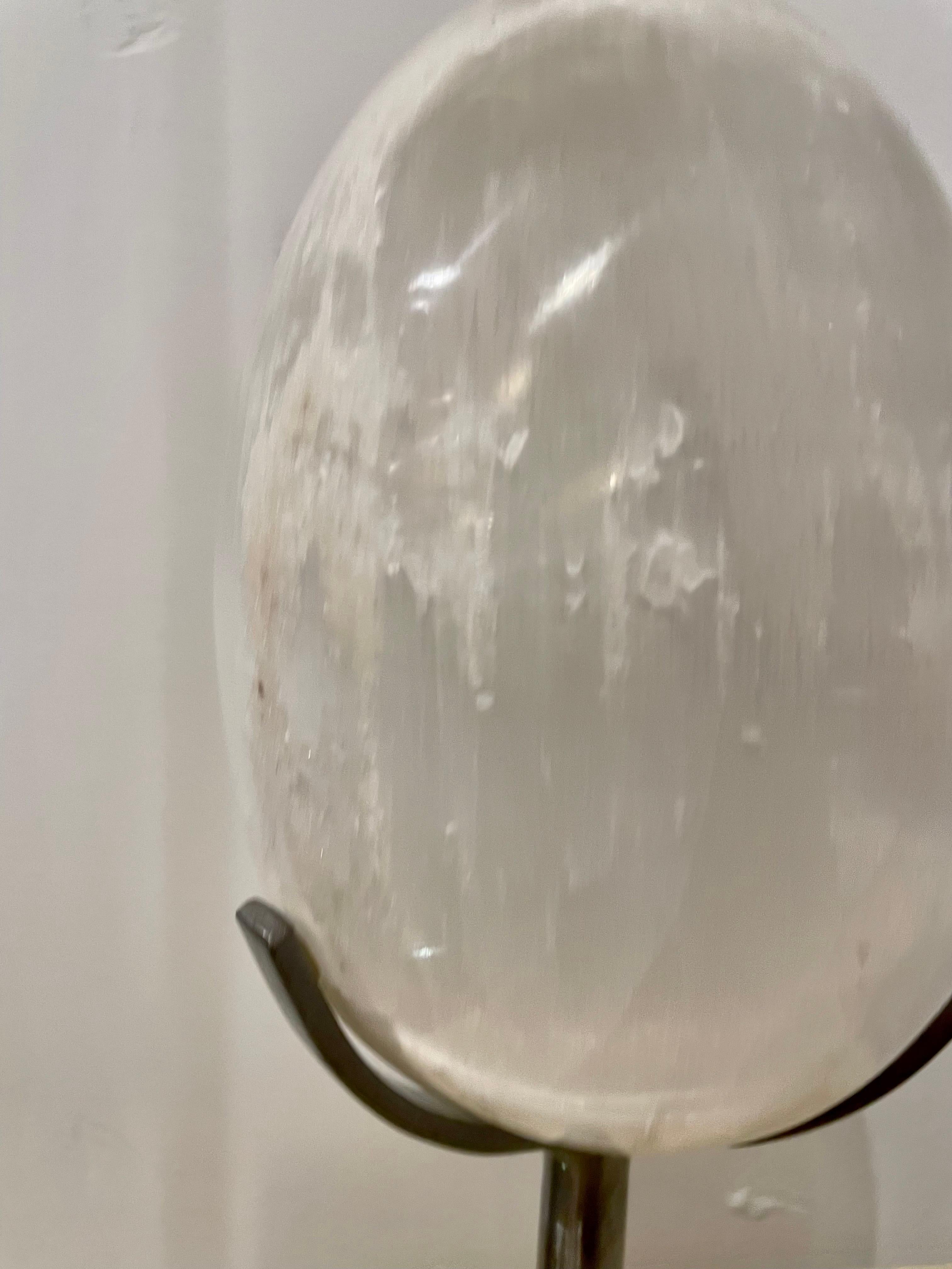 American Selenite Crystal Quartz Egg Mounted on Steel & Lucite
