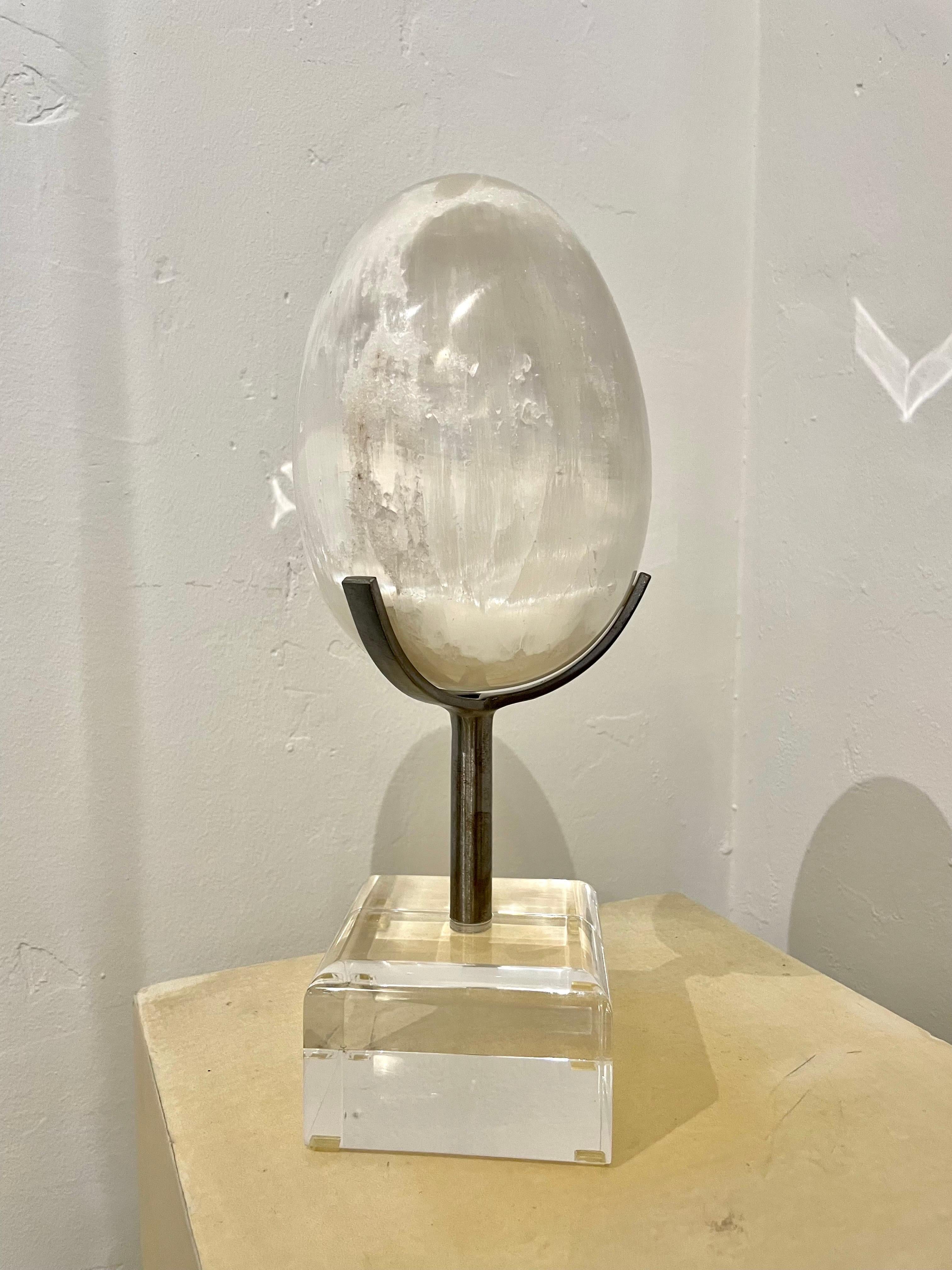 Selenite Crystal Quartz Egg Mounted on Steel & Lucite In Good Condition In East Hampton, NY