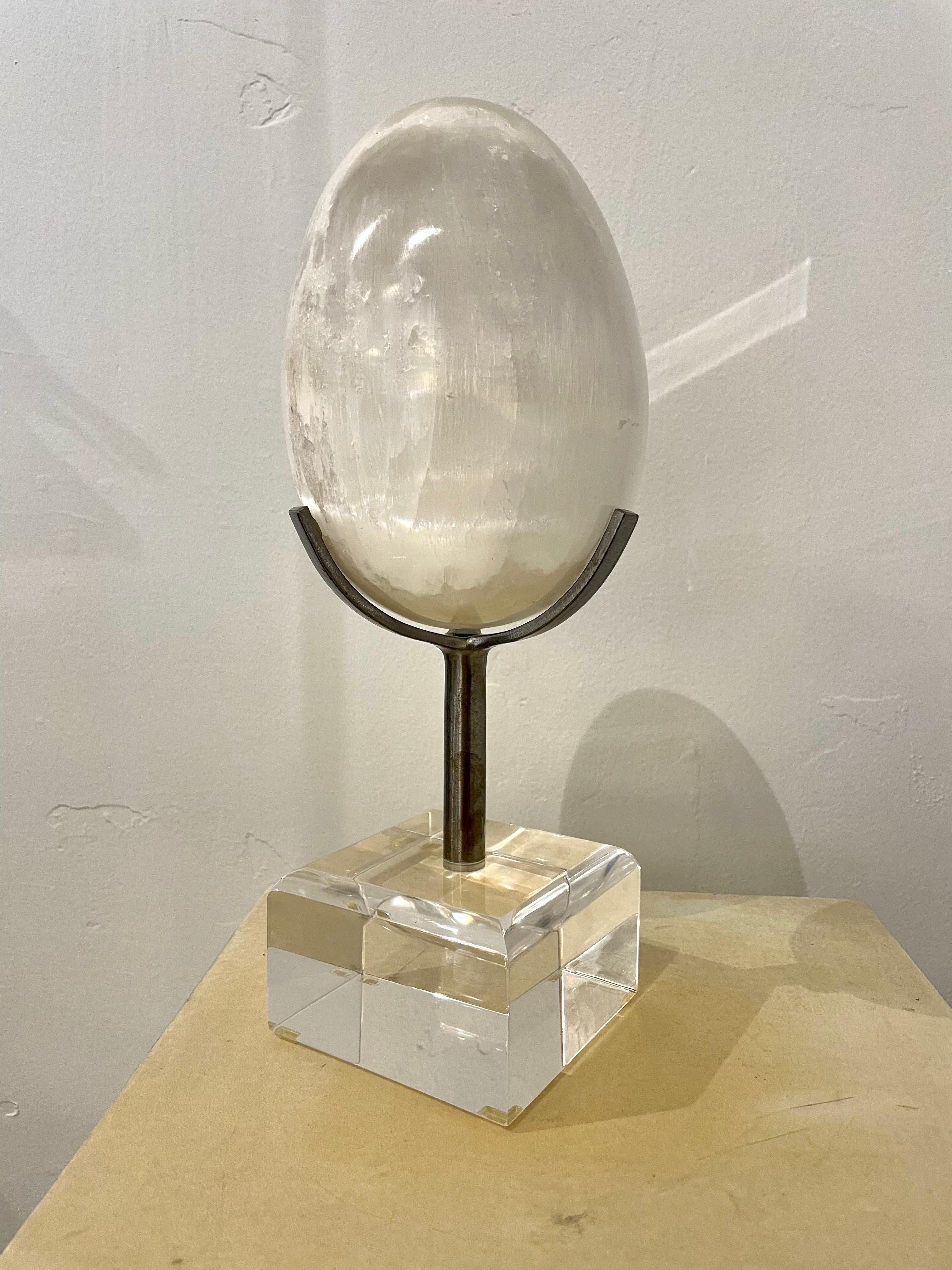 Late 20th Century Selenite Crystal Quartz Egg Mounted on Steel & Lucite