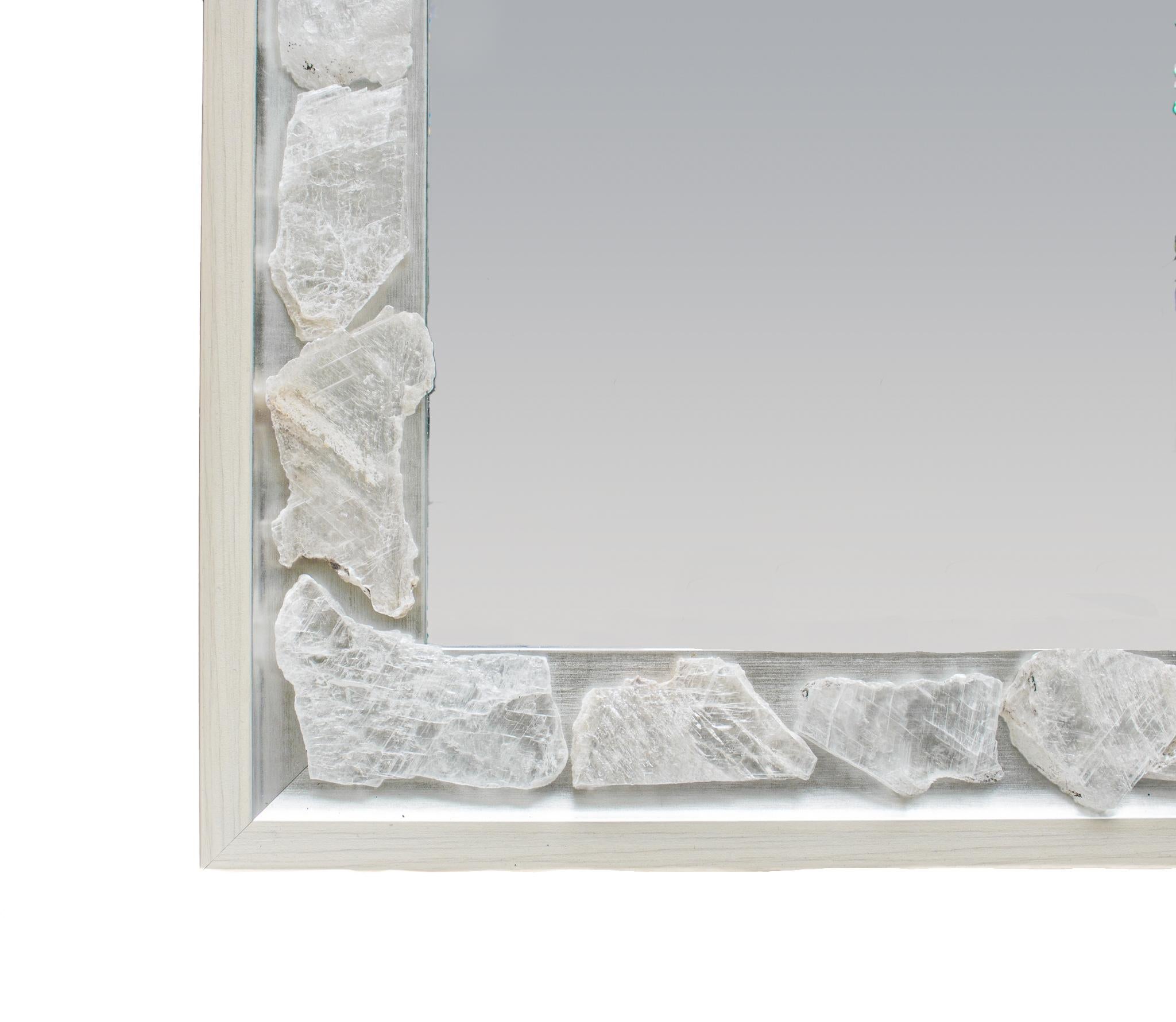 Organic Modern Selenite Mirror with a Silver and Cream Frame by Interi For Sale