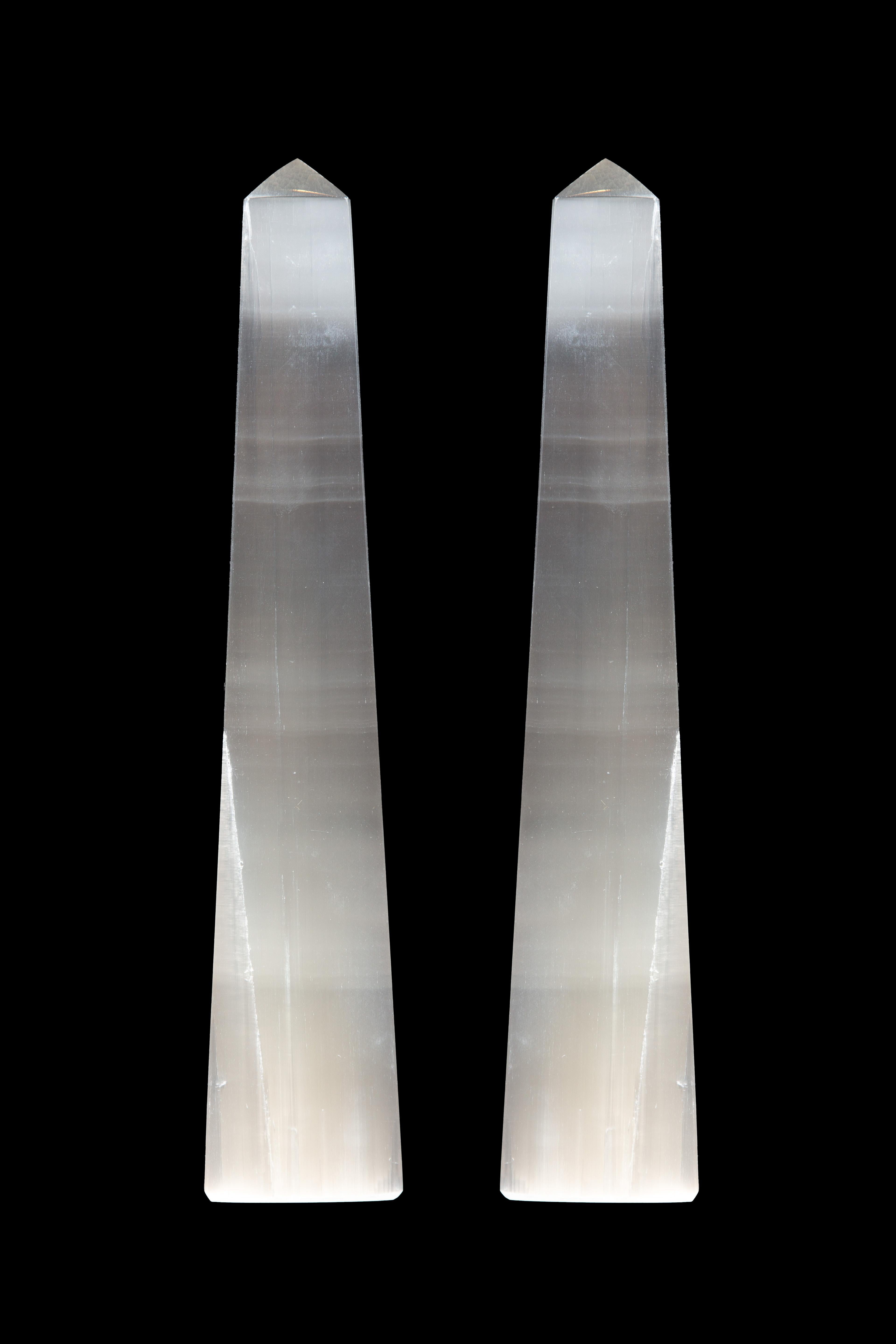 Selenite Obelisk Pair In New Condition For Sale In New York, NY