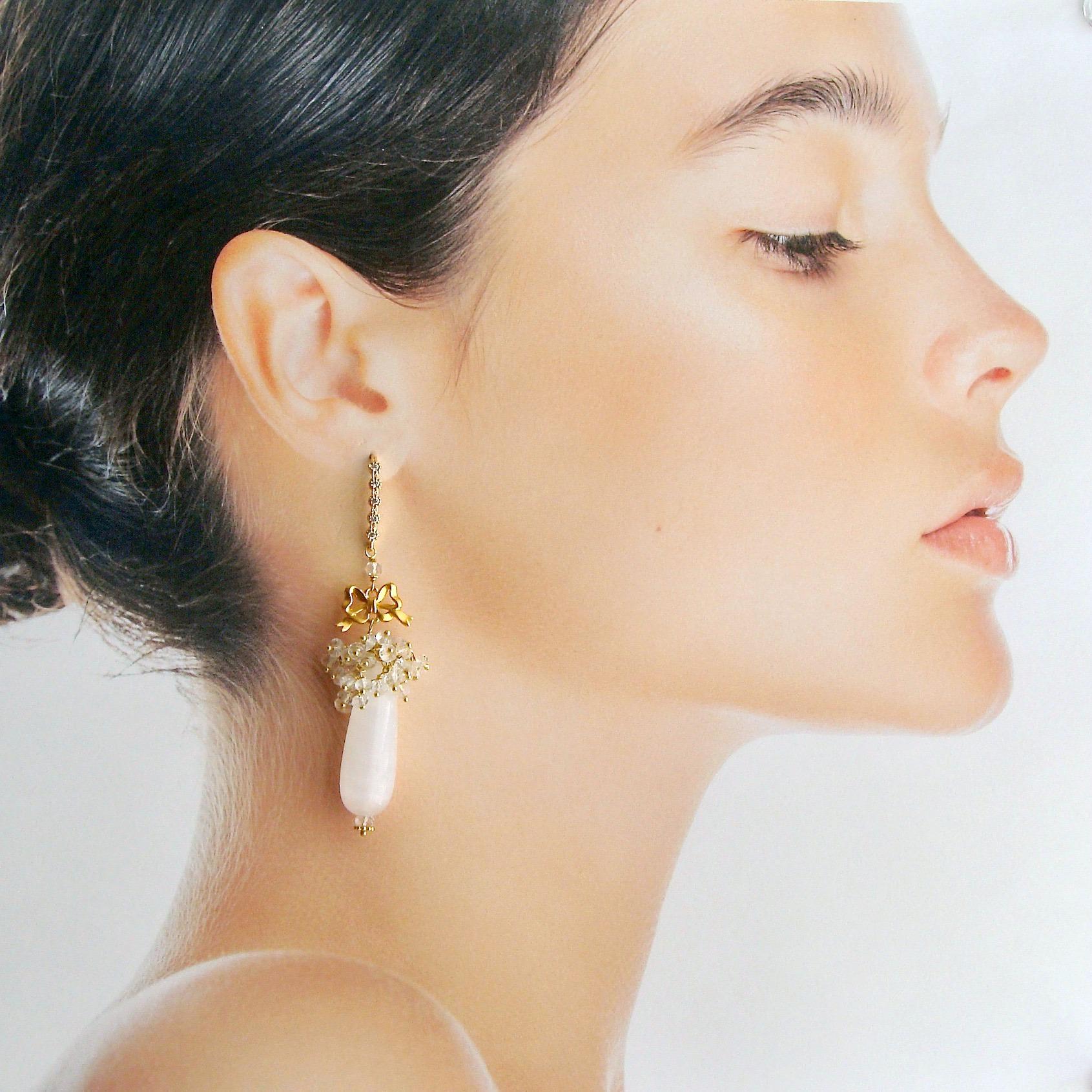 Selenite Teardrop Rock Crystal Cluster Earrings, Selena Earrings In New Condition In Colleyville, TX