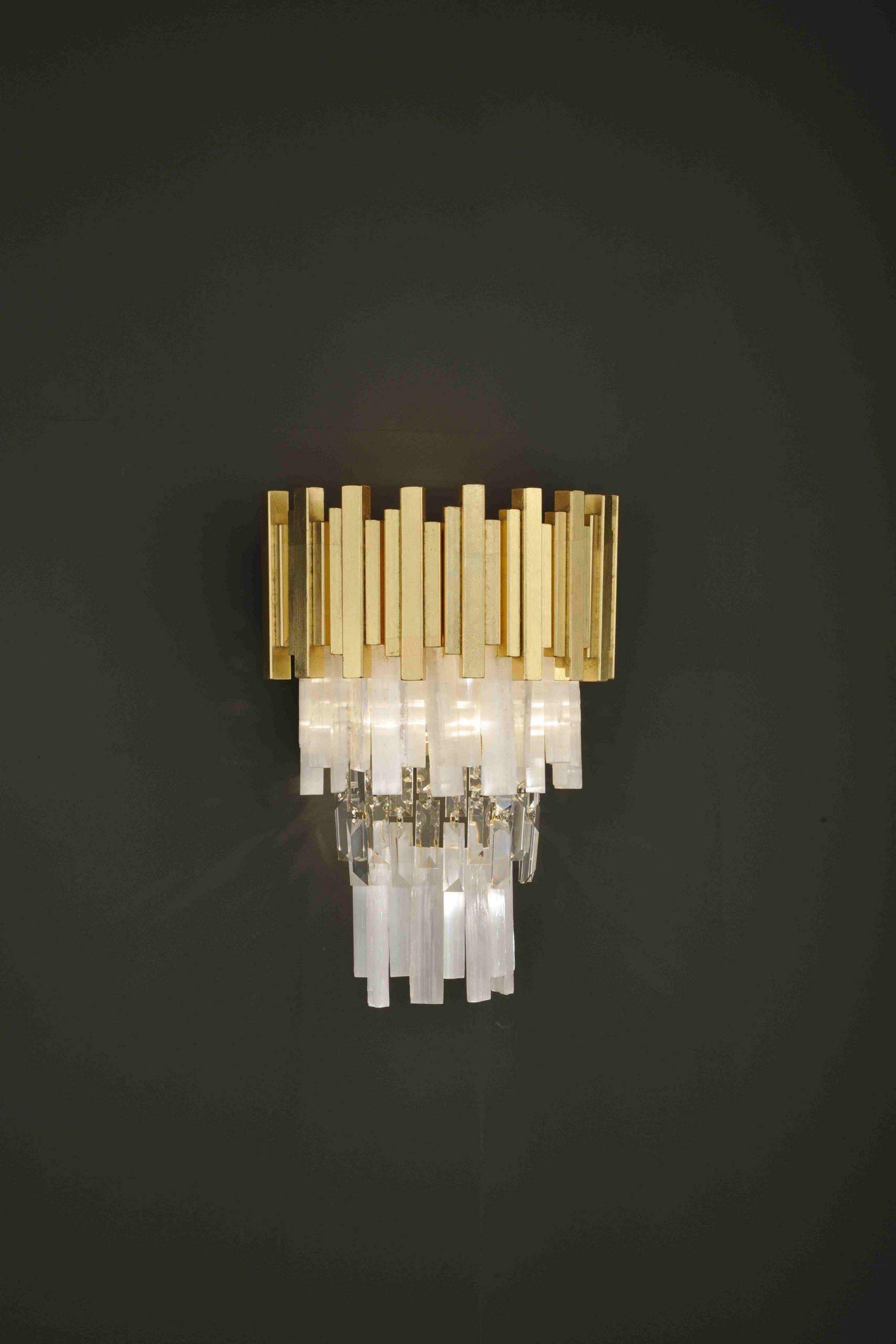 Selenite wall sconce by Aver 
Dimensions: D 20 x W 35 x H 45 cm 
Materials: Natural/clear Moroccan Selenite rock.
Lighting: 3 x G9.
Finishes: Gold Leaf, Silver Leaf, Warm Gold Leaf, Warm Silver Leaf, Warm Copper Leaf, Dark Gold Leaf, Dark Silver