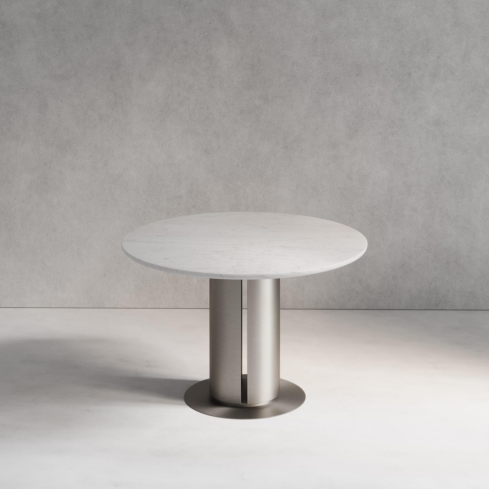 English 'Seleno Dining Table' Solid Marble, Brushed Steel For Sale