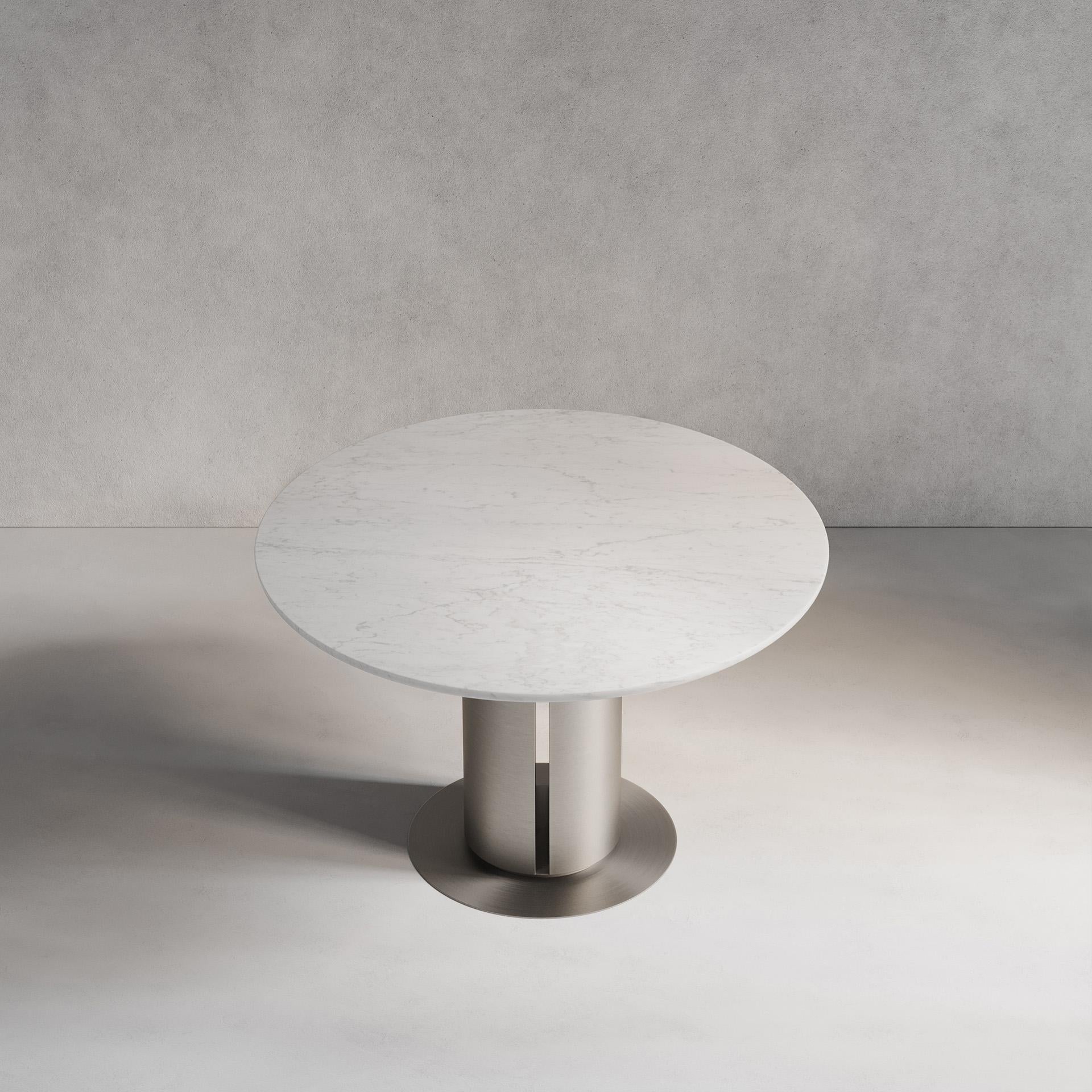 'Seleno Dining Table' Solid Marble, Brushed Steel In New Condition For Sale In London, GB