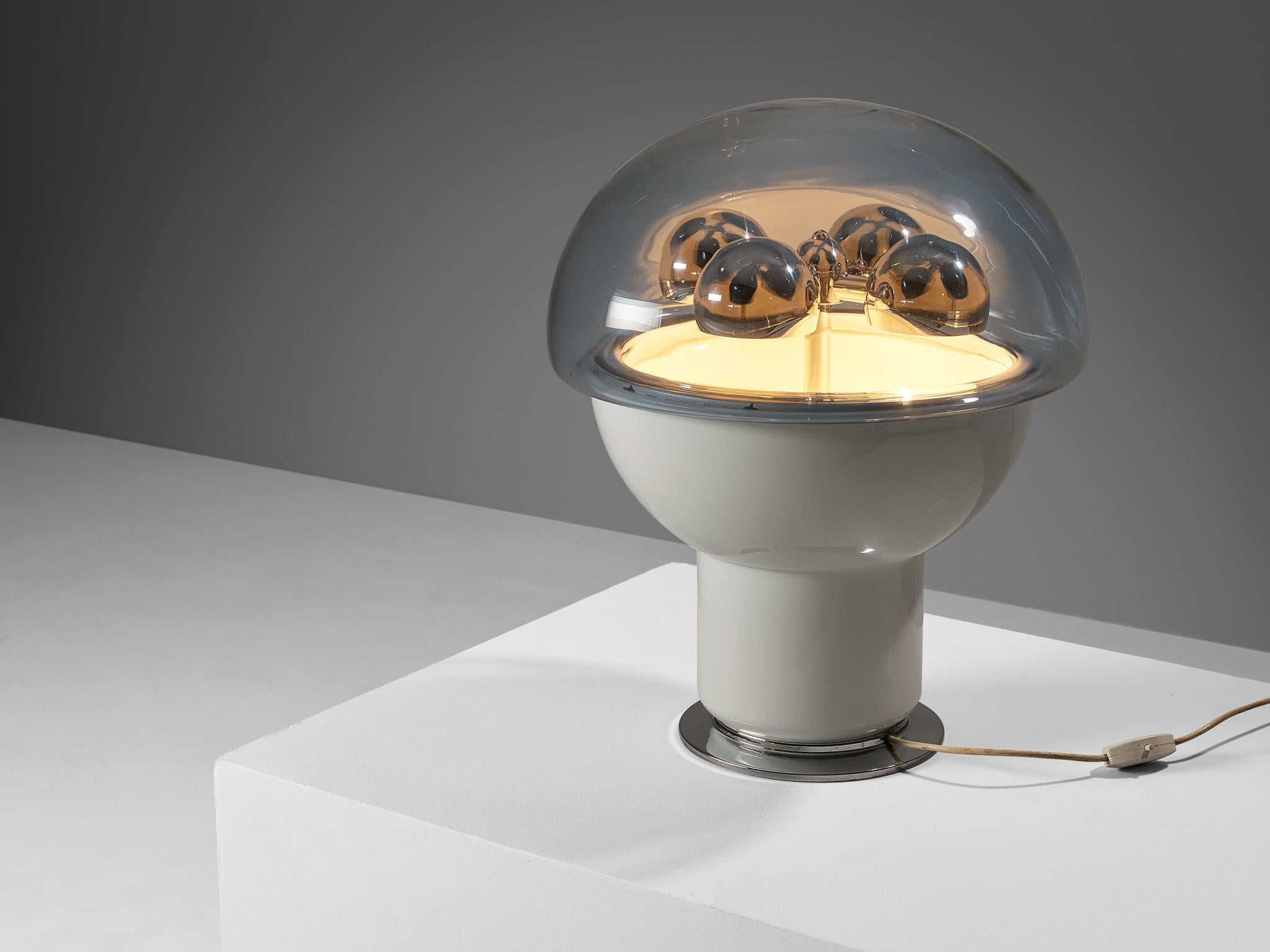Selenova, table lamp, glass, chrome-plated steel, Perspex, Italy, 1970s 

This desk lamp is a great example of the technical advances in lamp design in Italy, starting in the late 1950s. It represents an imaginative response to the availability of