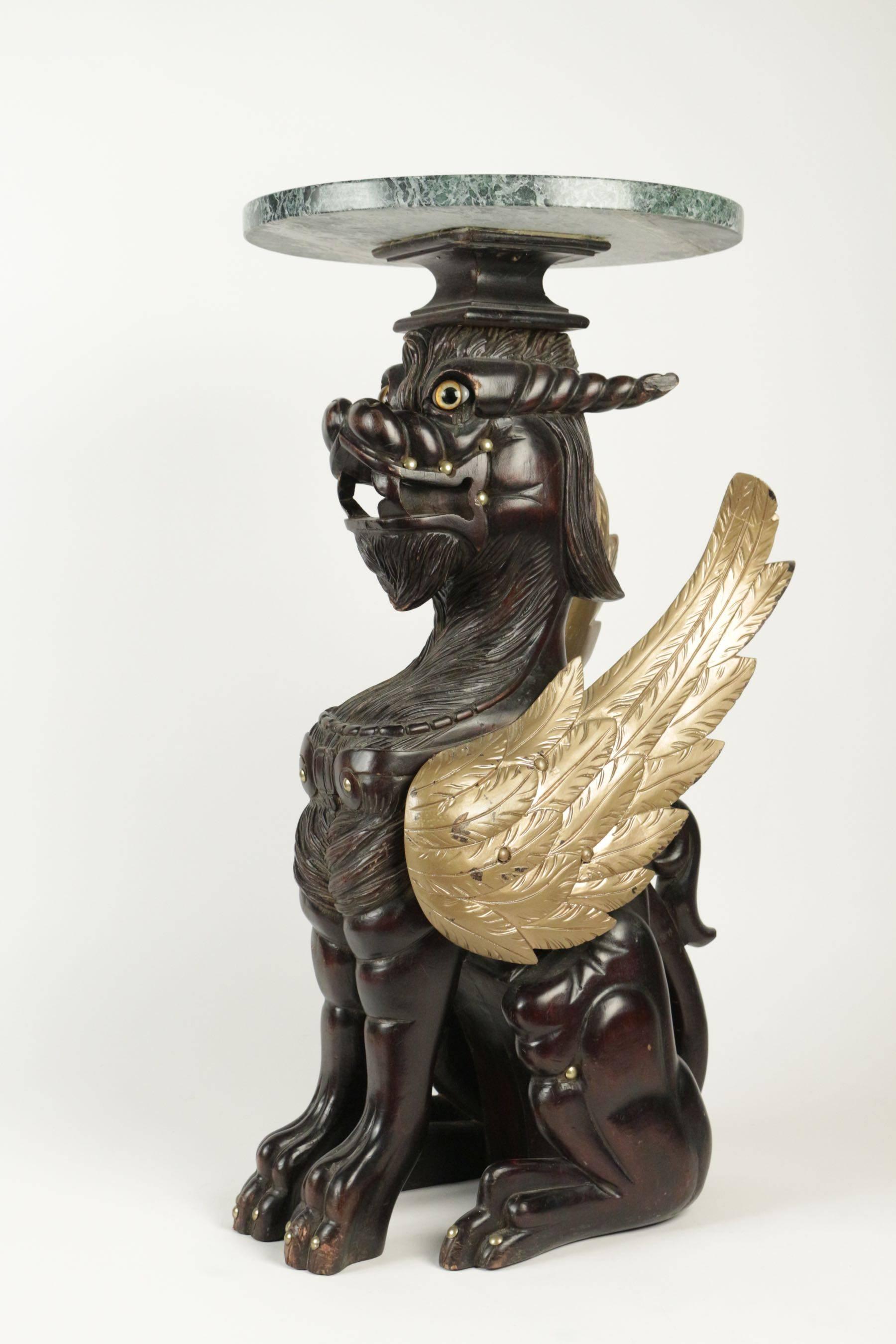 Asian Selette in Wood with a Tabletop in Marble Representing a Golden Winged Dragon