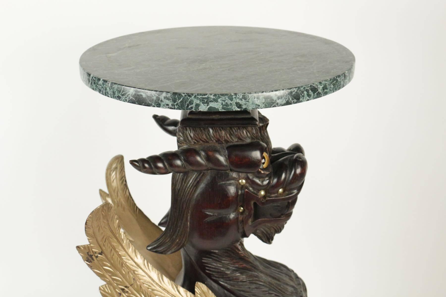 20th Century Selette in Wood with a Tabletop in Marble Representing a Golden Winged Dragon