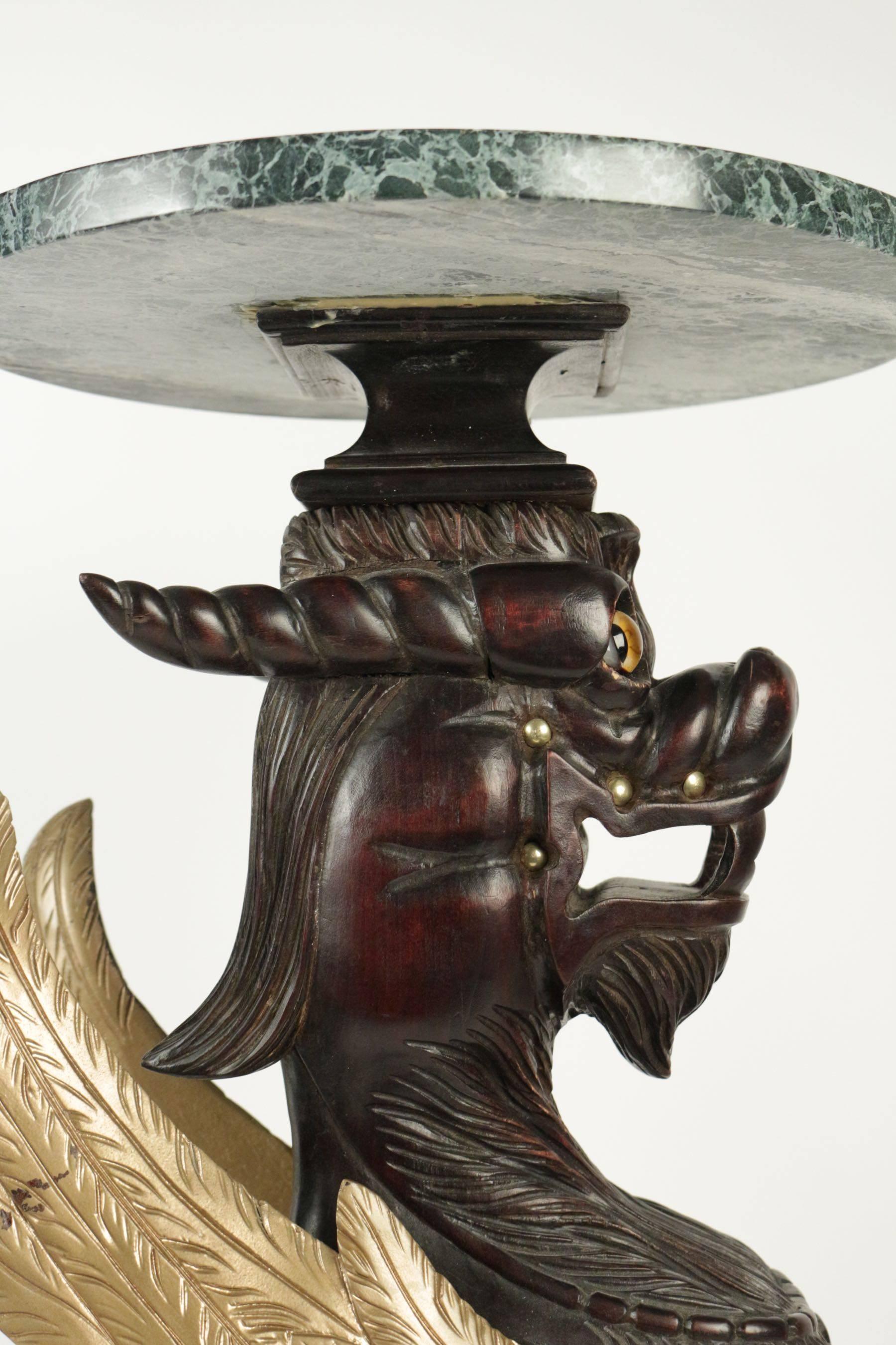 Selette in Wood with a Tabletop in Marble Representing a Golden Winged Dragon 1