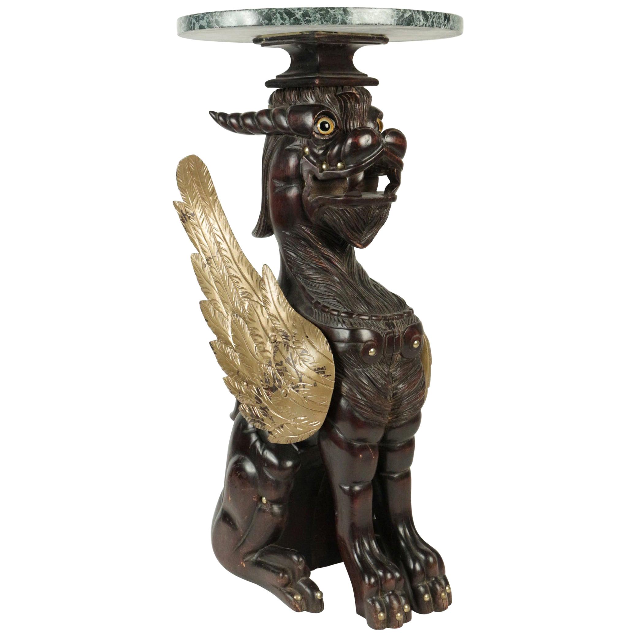 Selette in Wood with a Tabletop in Marble Representing a Golden Winged Dragon