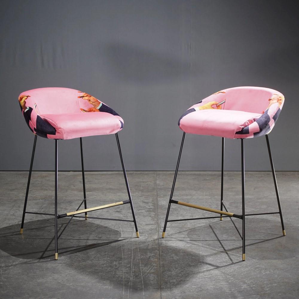 The coolest seat ever. The high stool is the last addition to the upholstered collection designed by TOILETPAPER. Fierce with its bold graphic, it's the perfect model to add that touch of cool lounge bar to your home.