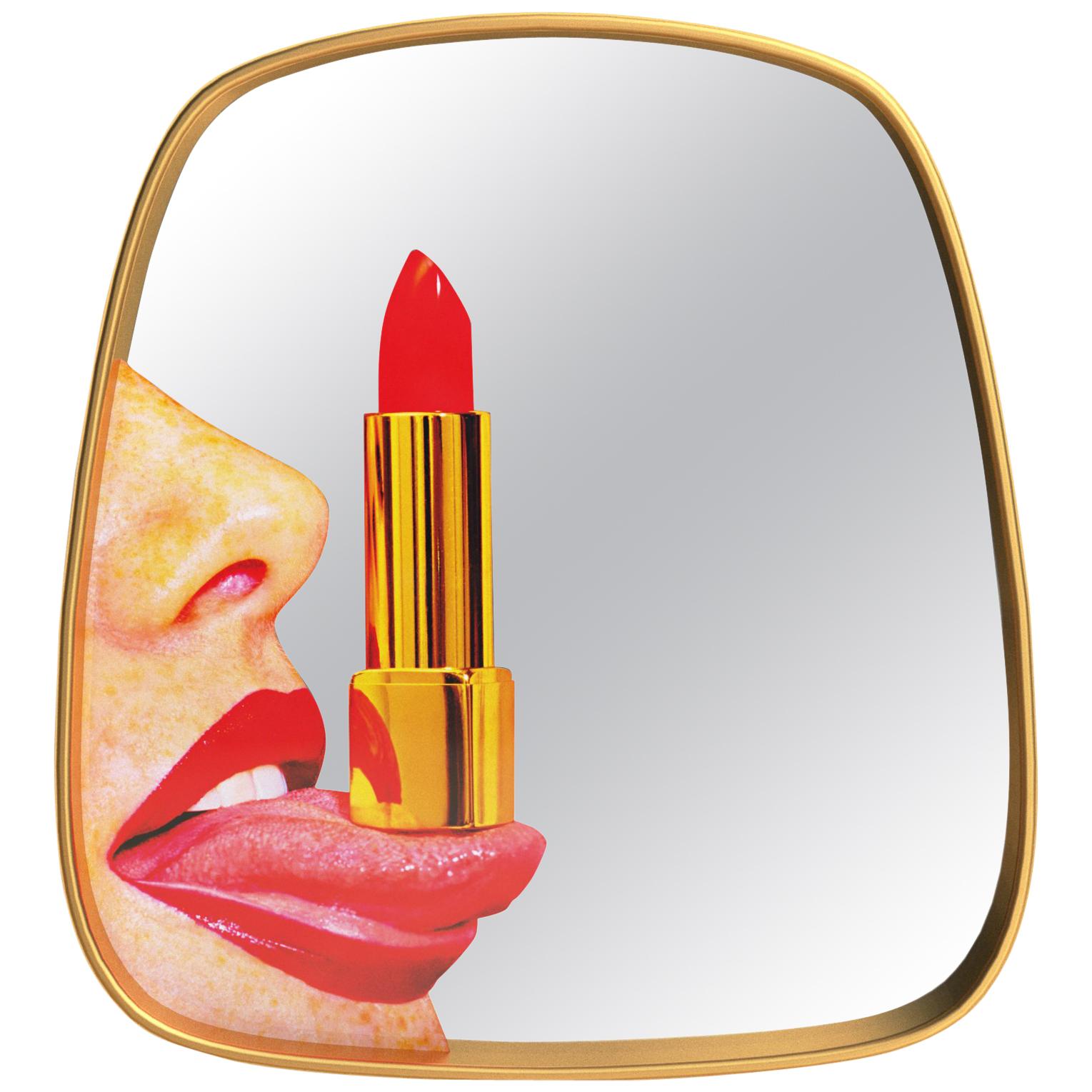 Seletti "Red Lipstick" Wall Mirror with Gold Frame by Toiletpaper