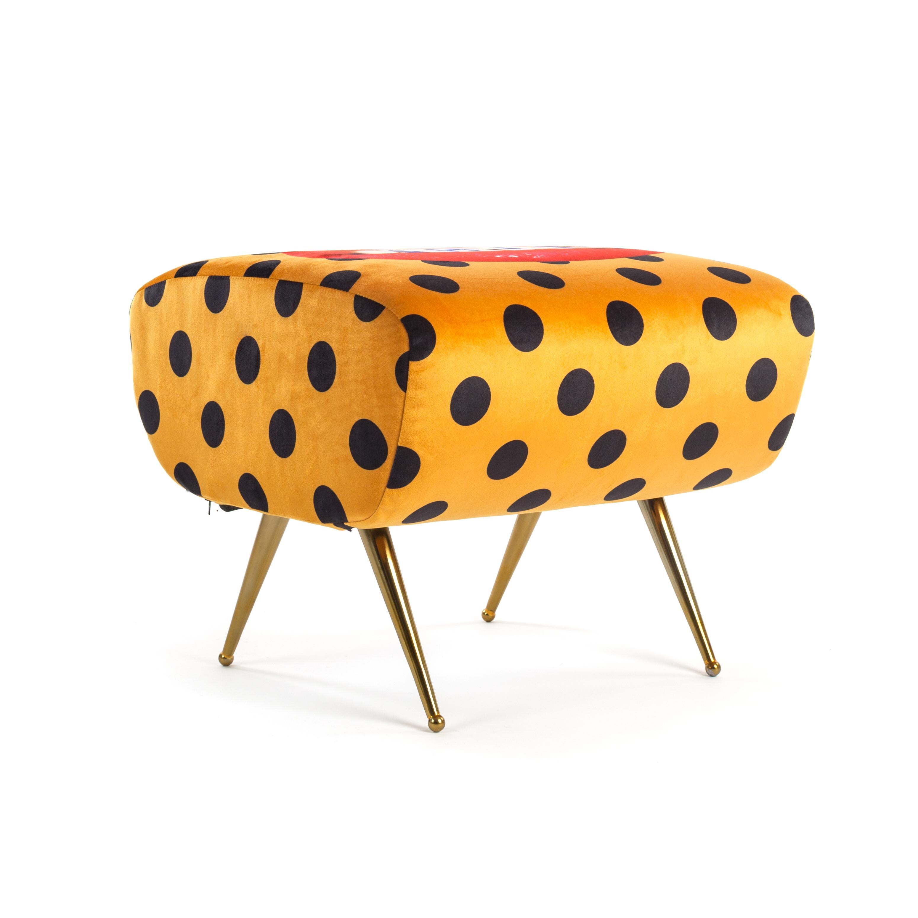Pouf by Toiletpaper.

- Size: cm 51 × 46, H. 42
- Material: Fabrics in polyester, frame in wood with polyurethane padding, metal.
 