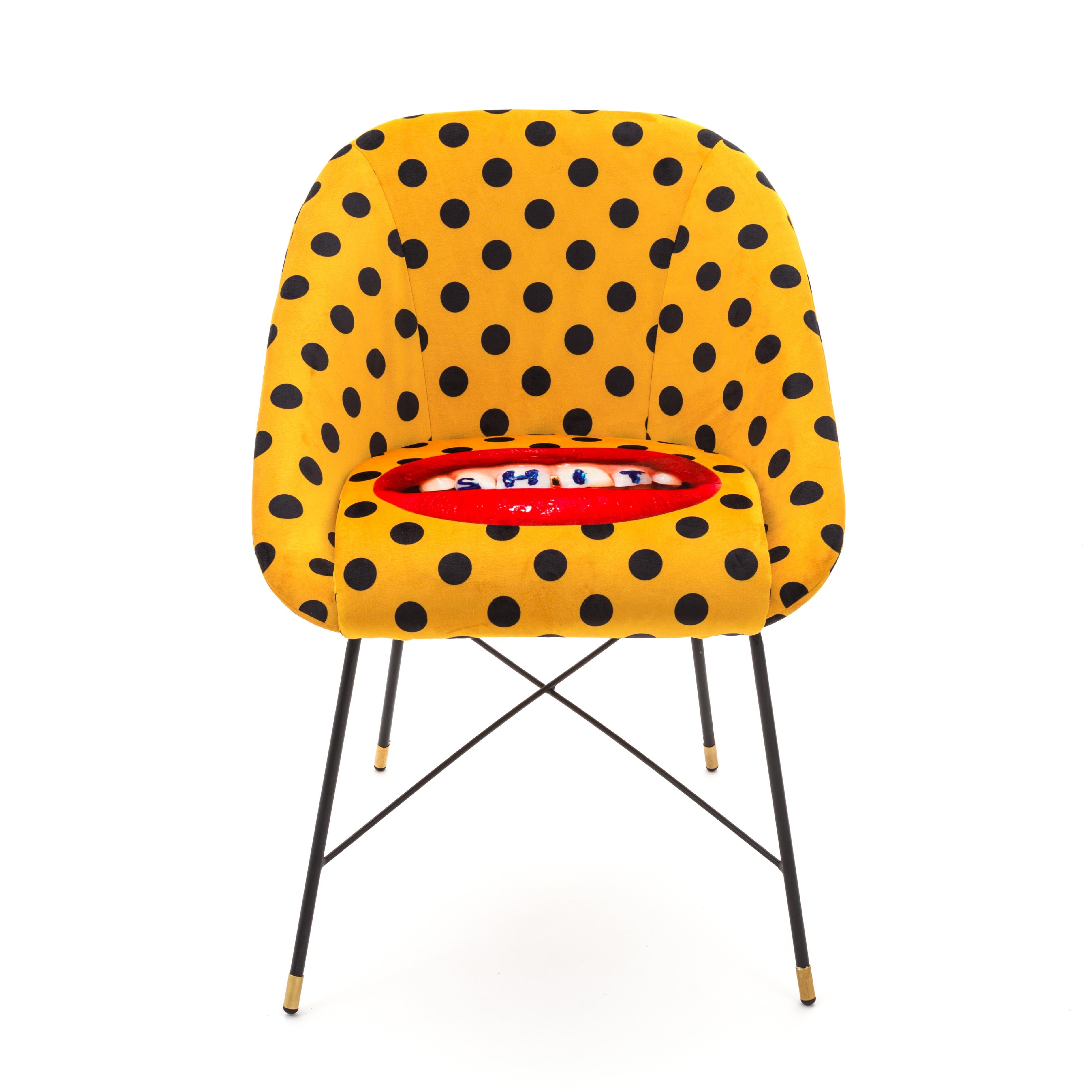 Mix and match the wildest graphics designed by Toiletpaper and get the most iconic dining room of all.

- Material: fabrics in polyester, frame in wood with polyurethane padding and metal
- Size: Cm 60 x 50 H 72.
         