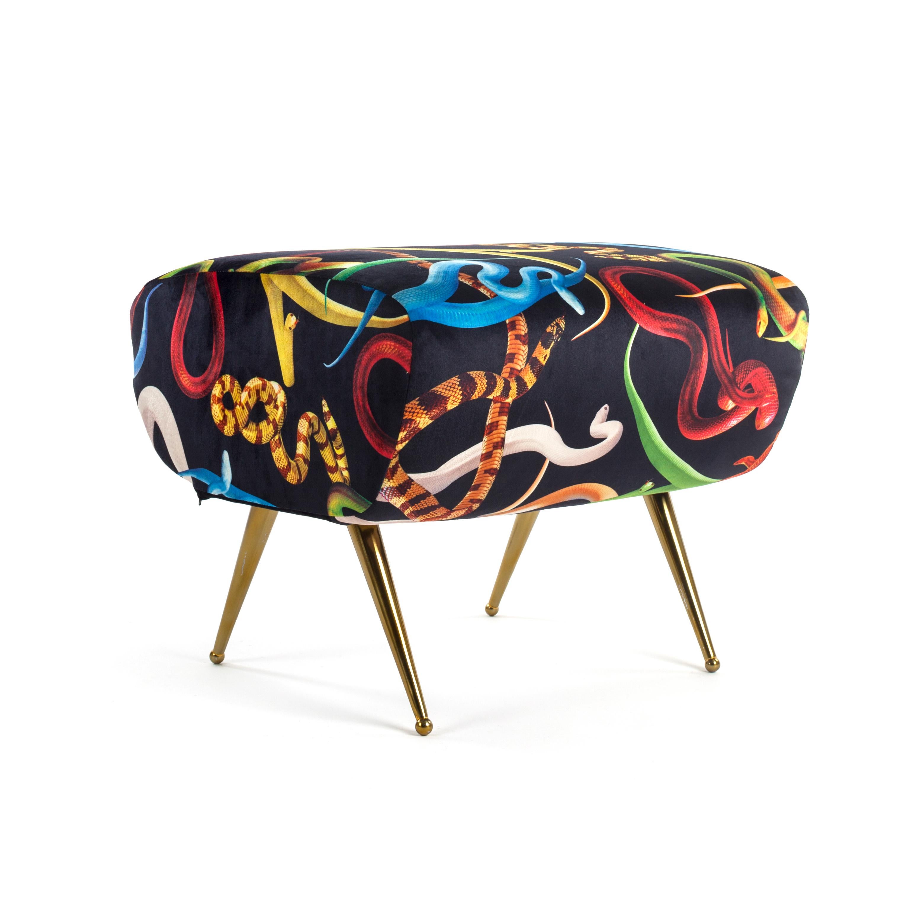 Pouf by Toiletpaper.

- Size: cm 51 × 46, H 42
- Material: Fabrics in polyester, frame in wood with polyurethane padding, metal.
 