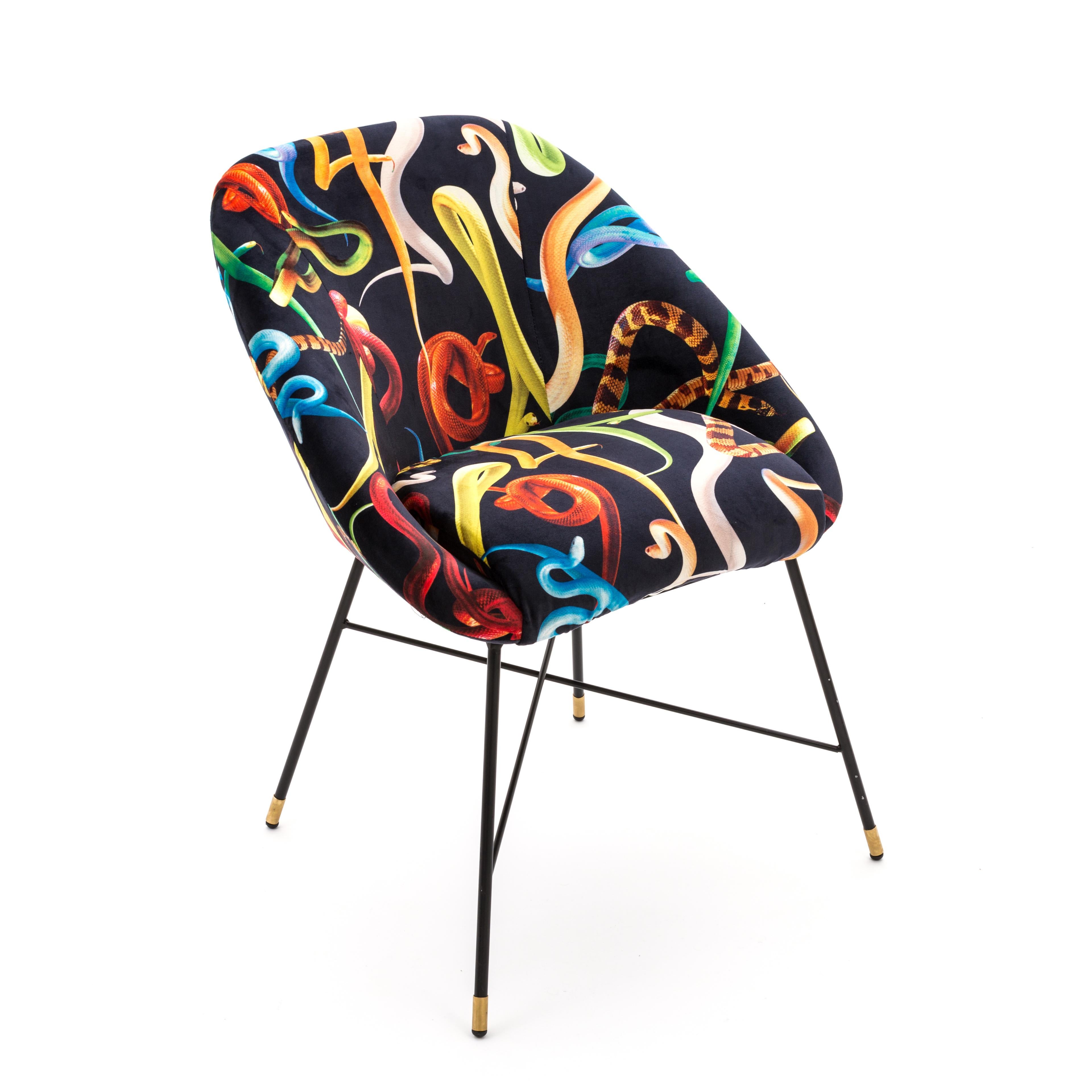 Mix and match the wildest graphics designed by Toiletpaper and get the most iconic dining room of all.

- Material: fabrics in polyester, frame in wood with polyurethane padding and metal
- Size: Cm 60 x 50 H 72.
 