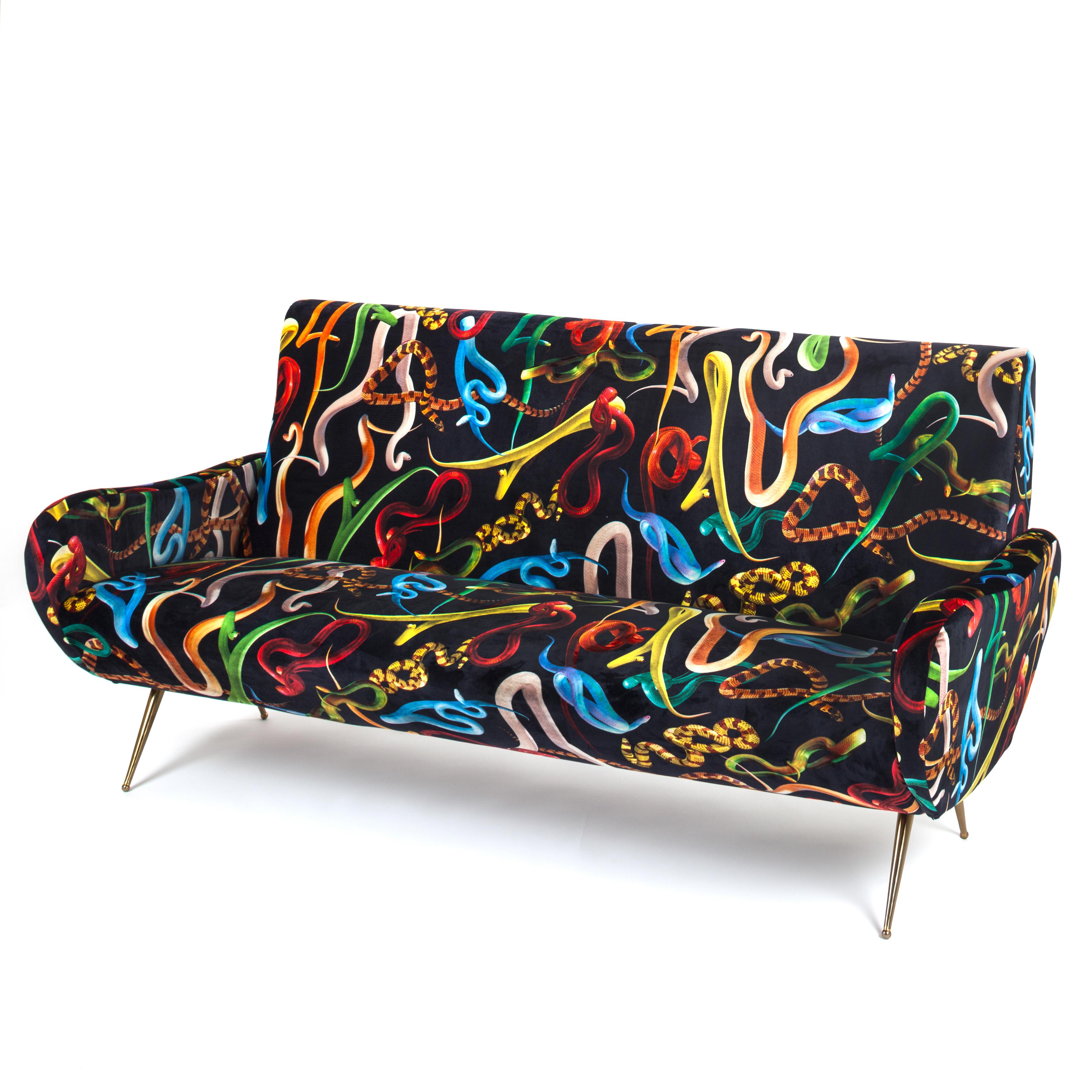 After the huge success of the armchair, the family gets bigger with the sofa. Decorate your living room with the eccentric patterns designed by Toiletpaper and realise your wildest dreams.

- Materials: Fabrics in polyester, frame in wood with