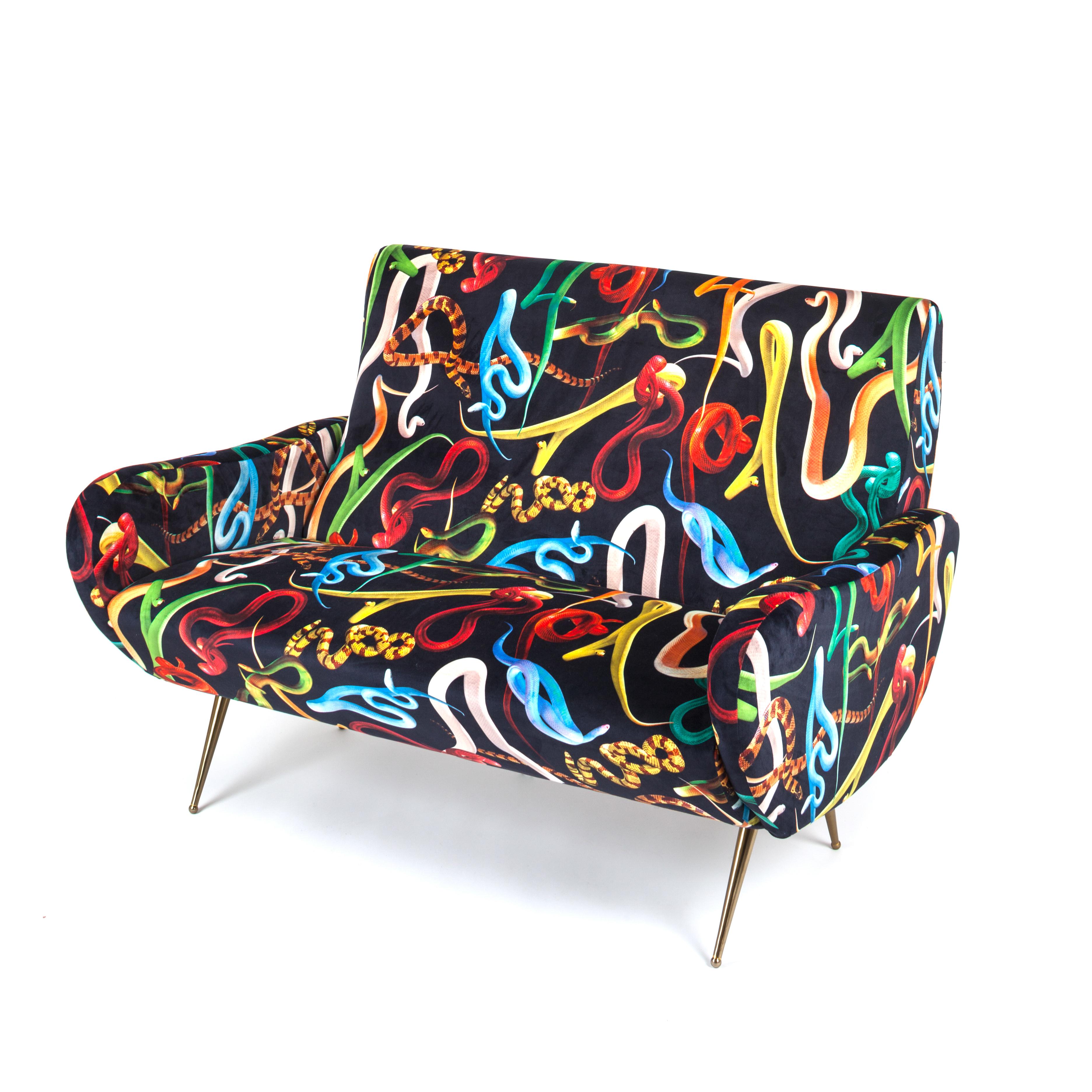 After the huge success of the armchair, the family gets bigger with the sofa. Decorate your living room with the eccentric patterns designed by Toiletpaper and realise your wildest dreams.

- Materials: Fabrics in polyester, frame in wood with
