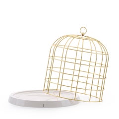 Seletti "Twitable" Gold Metal Birdcage with Porcelain Base